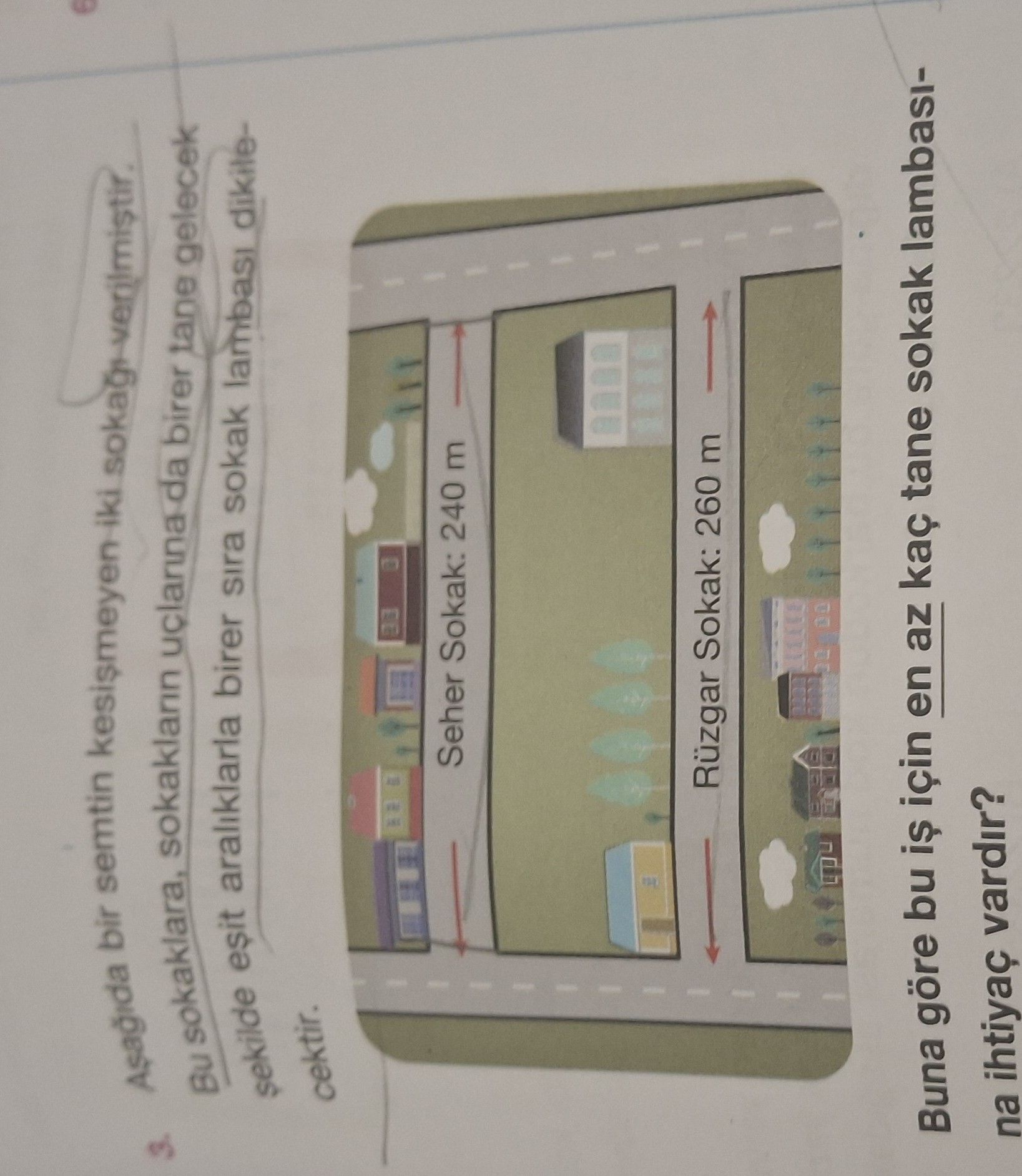 Aşağıda bir semtin kesişmeyen iki sokağı verilmiştir. Bu sokaklara, sokakların uçlarına da birer