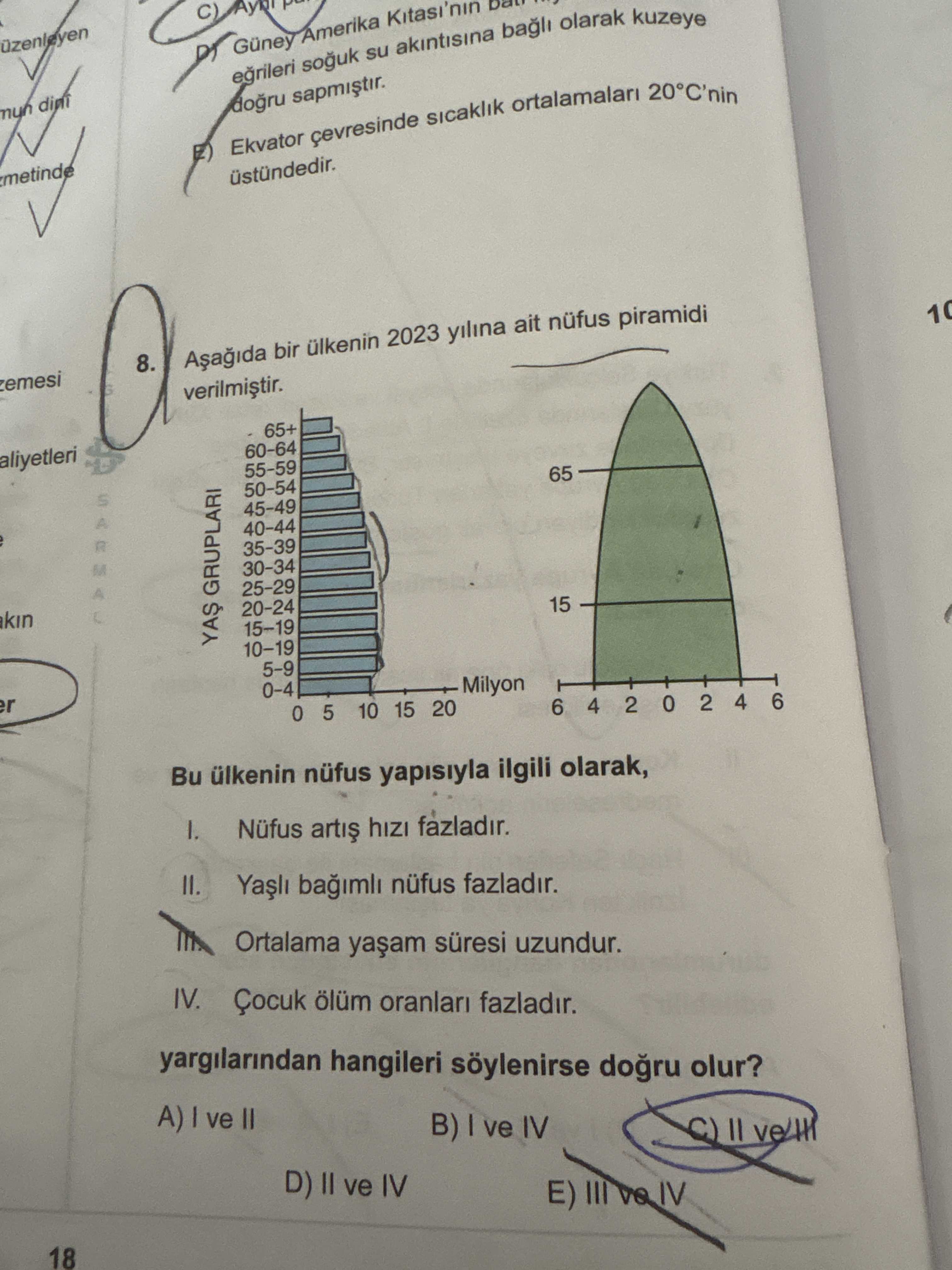 Aşağıda bir ülkenin 2023 yılına ait nüfus piramidi verilmiştir. Bu ülkenin nüfus yapısıyla ilgili