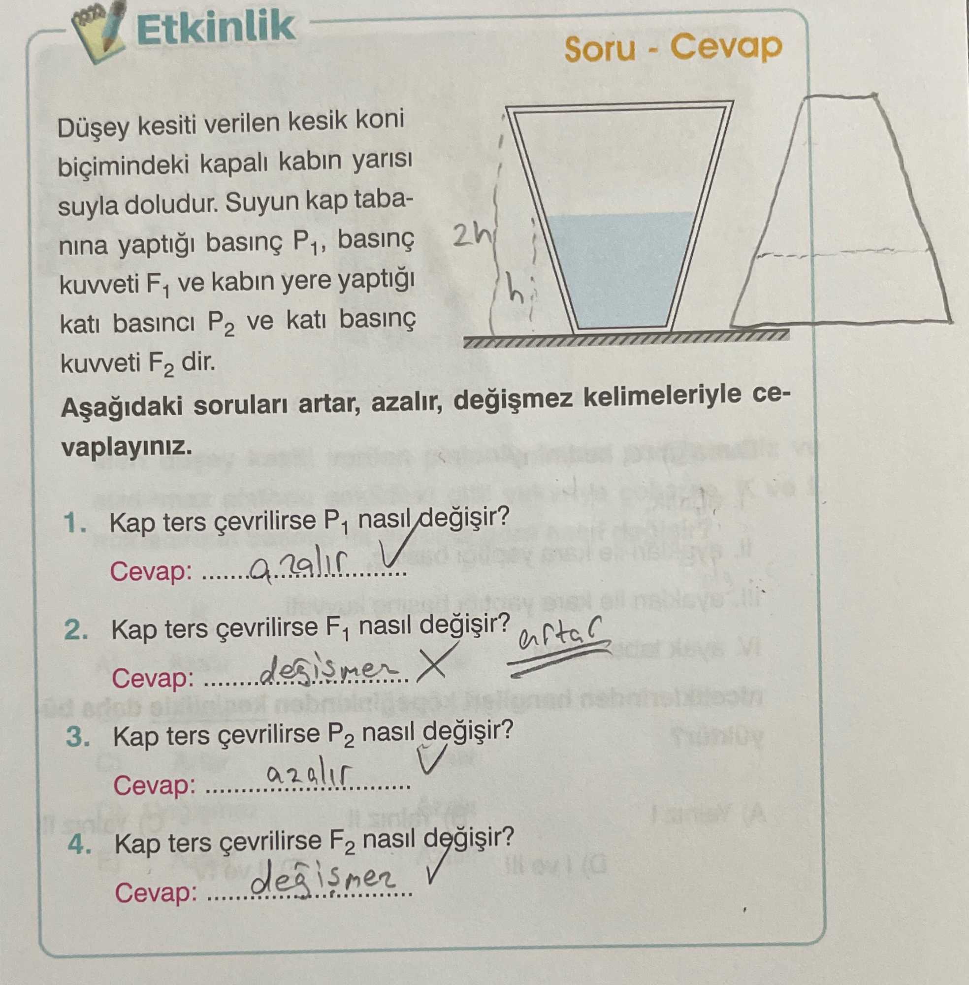 Düşey kesiti verilen kesik koni biçimindeki kapalı kabın yarısı suyla doludur. Suyun kap tabanına