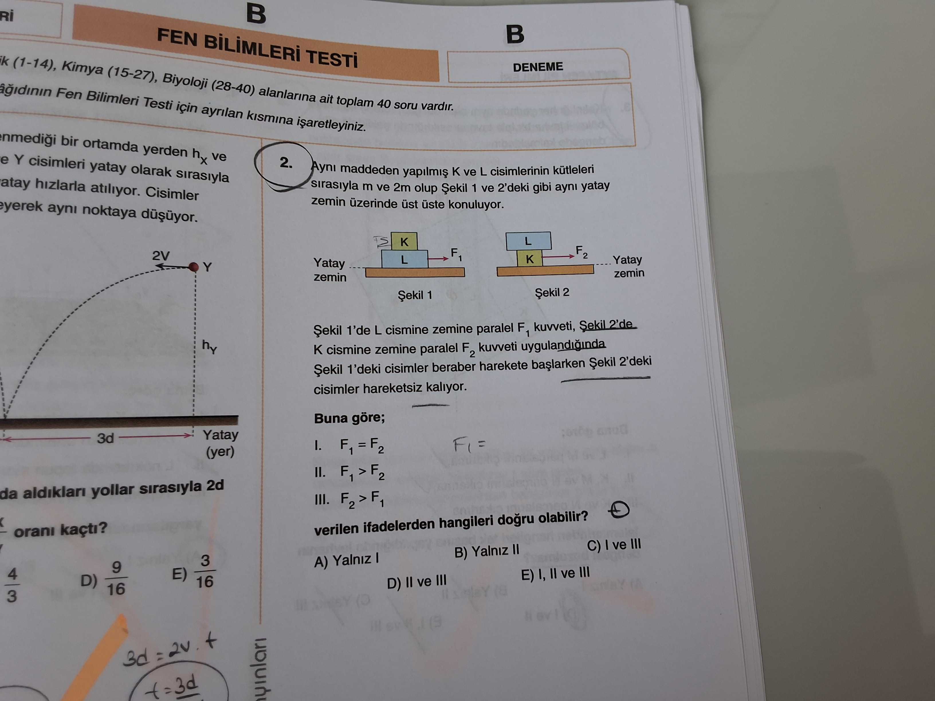 Aynı maddeden yapılmış K ve L cisimlerinin kütleleri sırasıyla m ve 2m olup Şekil 1 ve 2'deki gibi