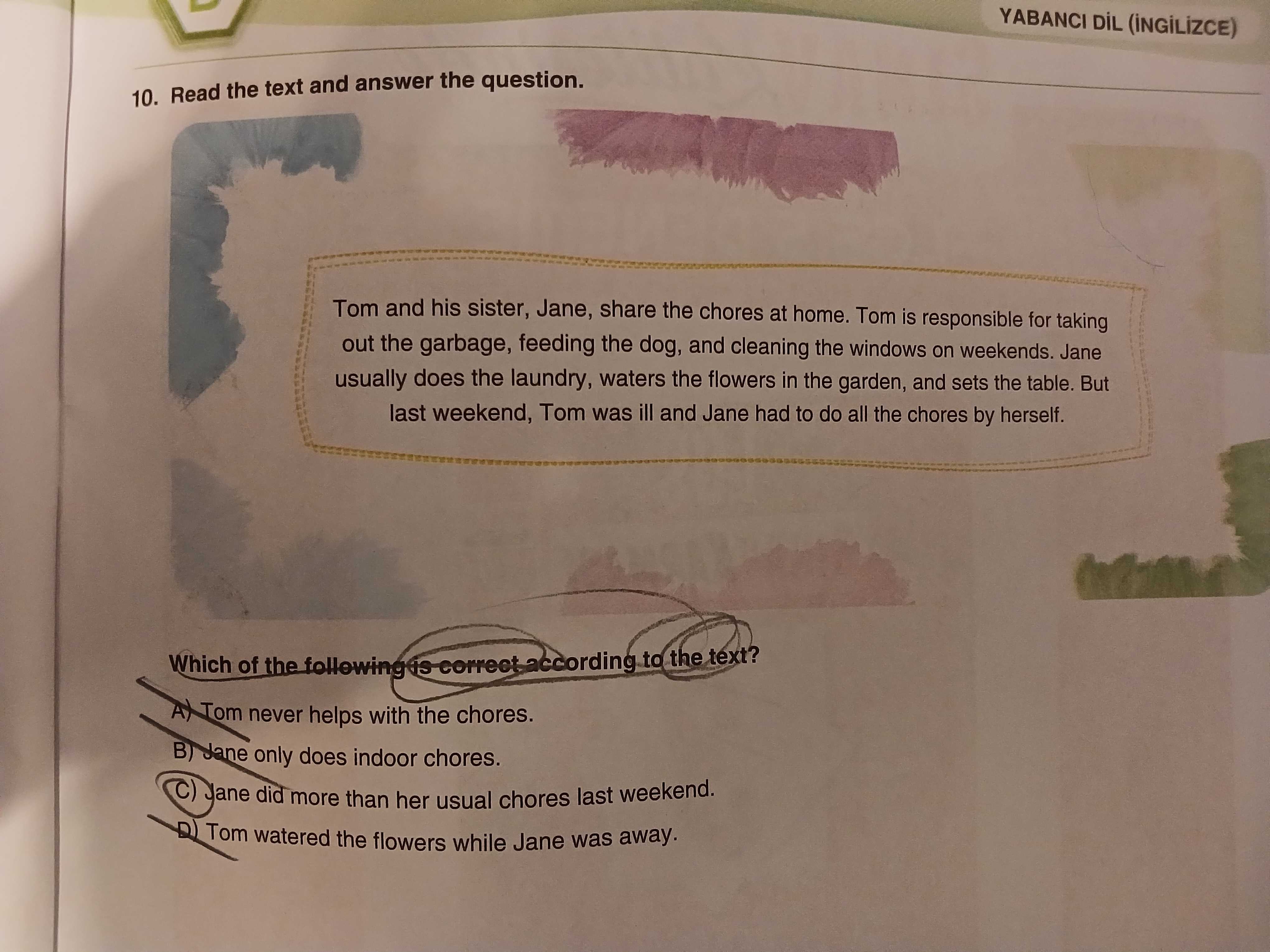 Read the text and answer the question. Tom and his sister, Jane, share the chores at home. Tom is