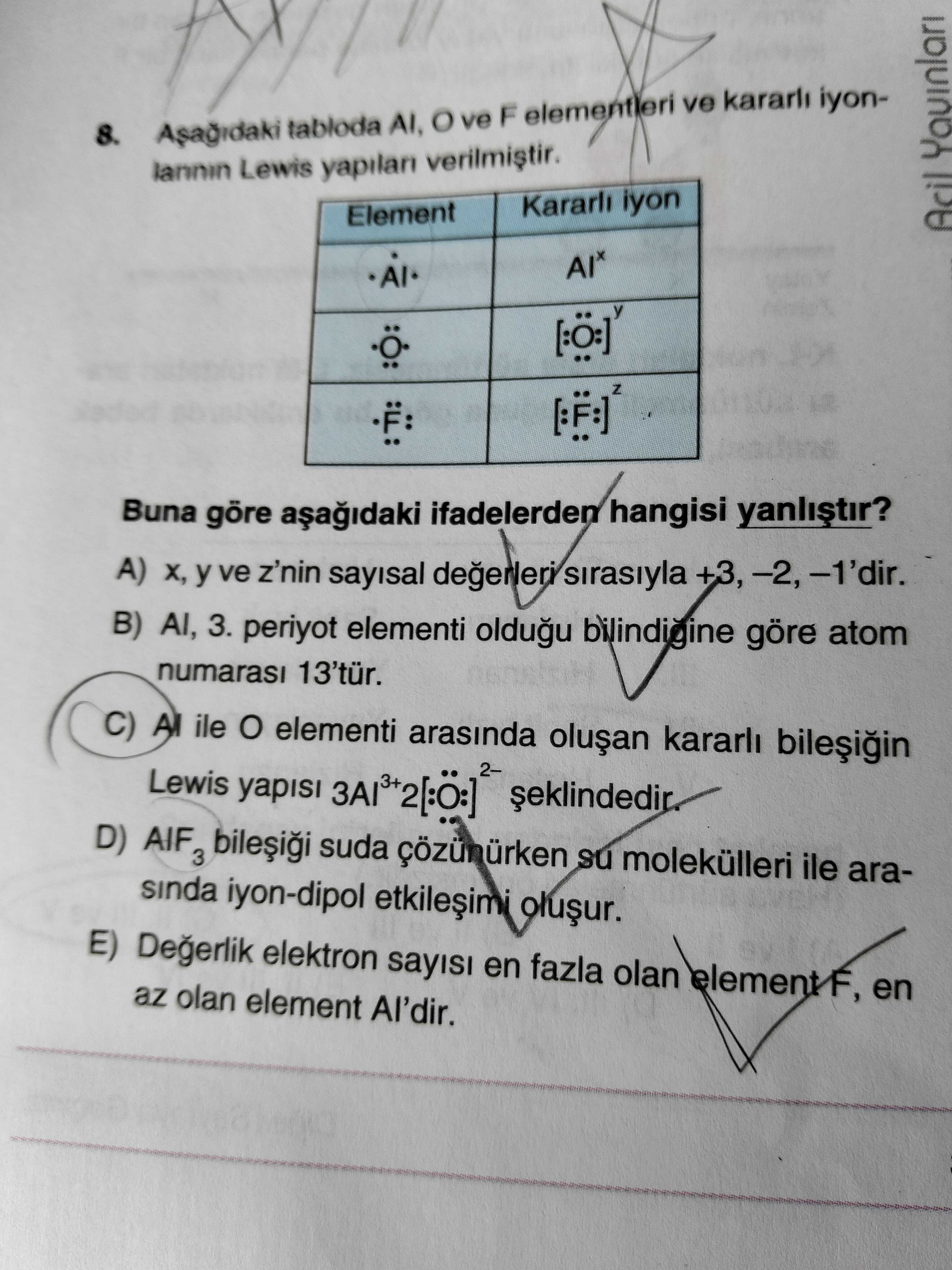 Aşağıdaki tabloda Al, O ve F elementleri ve kararlı iyonlarının Lewis yapıları verilmiştir. Element