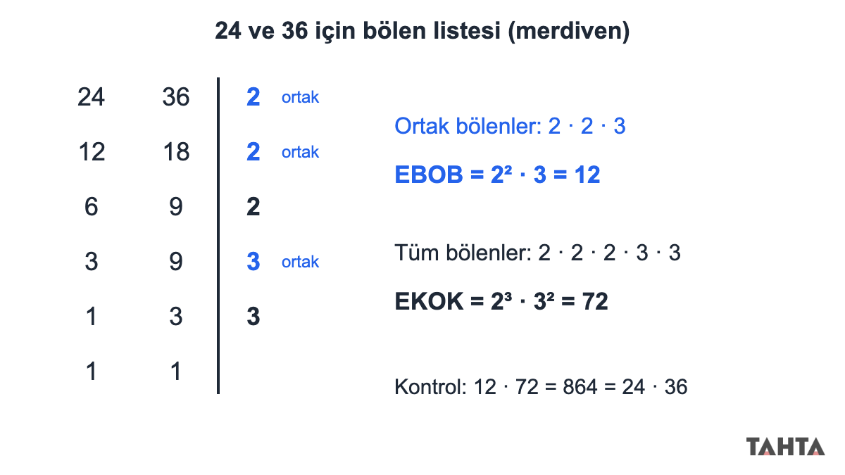 24 ve 36 sayılarının EBOB ve EKOK'unu bölen listesiyle bulma: ortak bölenler 2, 2, 3 işaretli