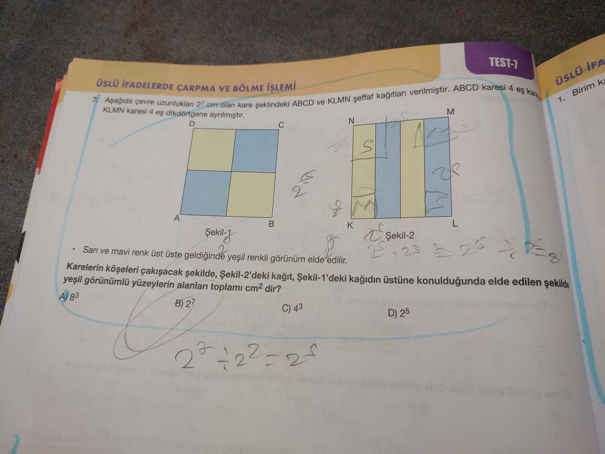 Aşağıda çevre uzunlukları 27 cm olan kare şeklindeki ABCD ve KLMN şeffaf kağıtları verilmiştir. ABCD