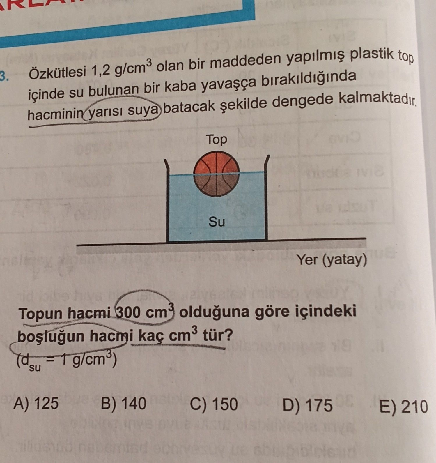 Özkütlesi 1,2 g/cm³ olan bir maddeden yapılmış plastik top içinde su bulunan bir kaba yavaşça