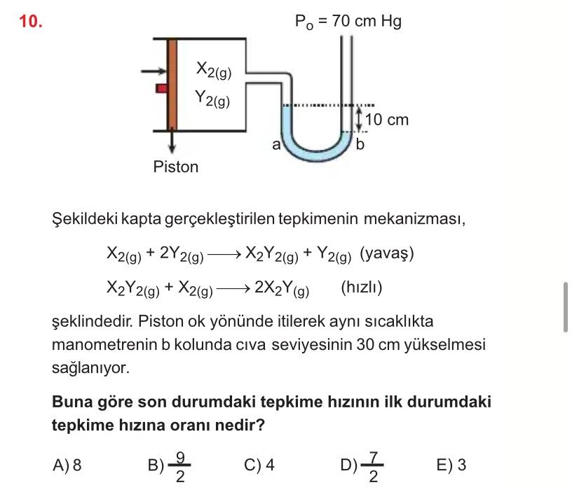 Şekildeki kapta gerçekleştirilen tepkimenin mekanizması, X₂(g) + 2Y₂(g) ⟶ X₂Y₂(g) + Y₂(g) (yavaş)