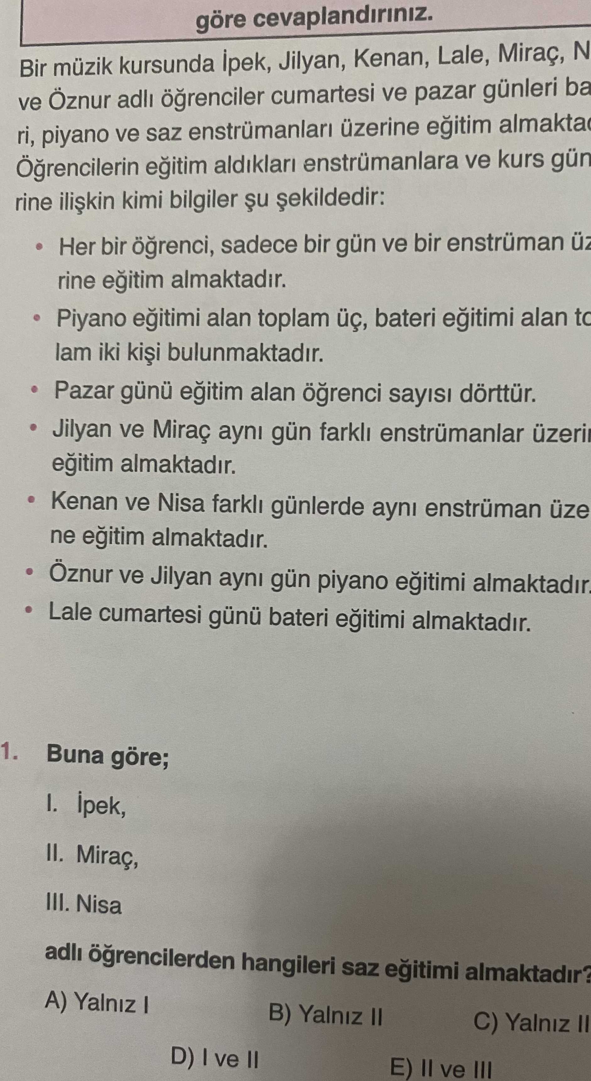 Bir müzik kursunda İpek, Jilyan, Kenan, Lale, Miraç, N... ve Öznur adlı öğrenciler cumartesi ve