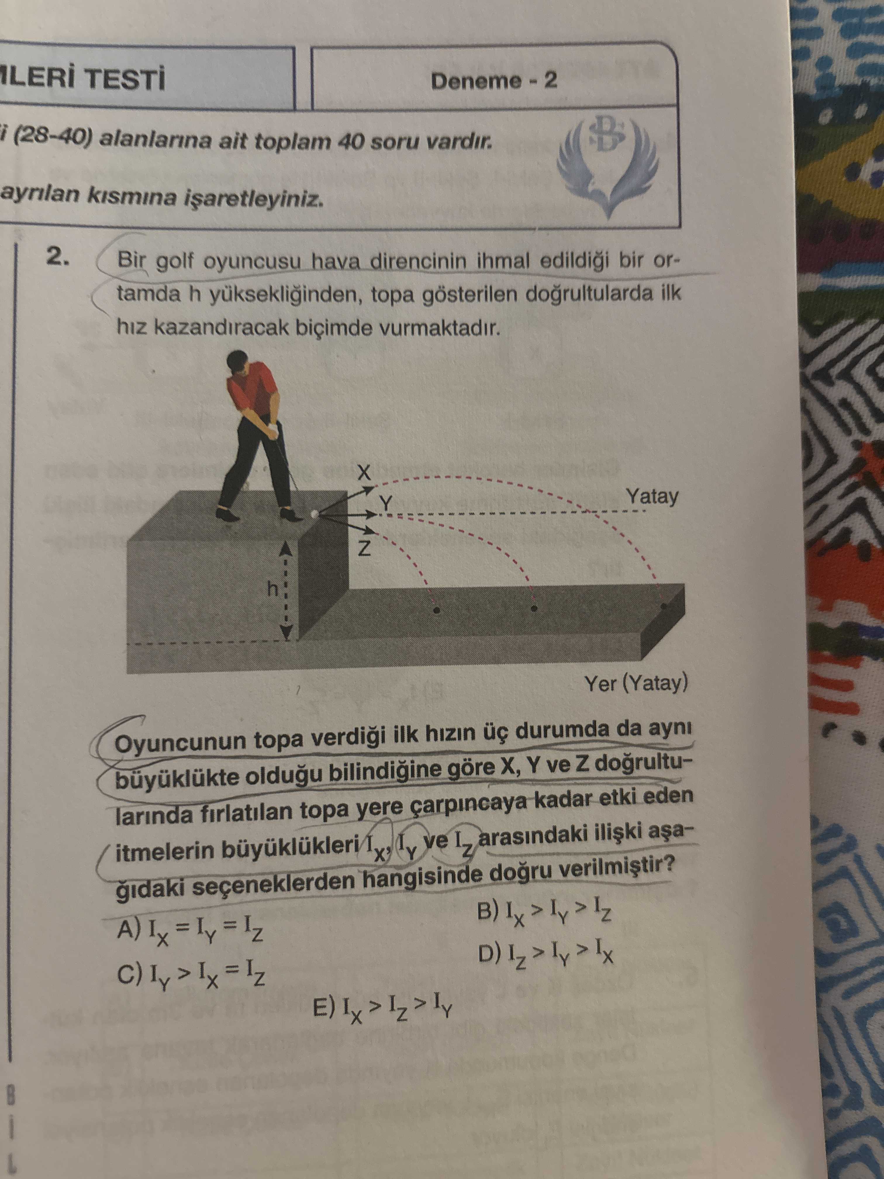 Bir golf oyuncusu hava direncinin ihmal edildiği bir ortamda h yüksekliğinden, topa gösterilen