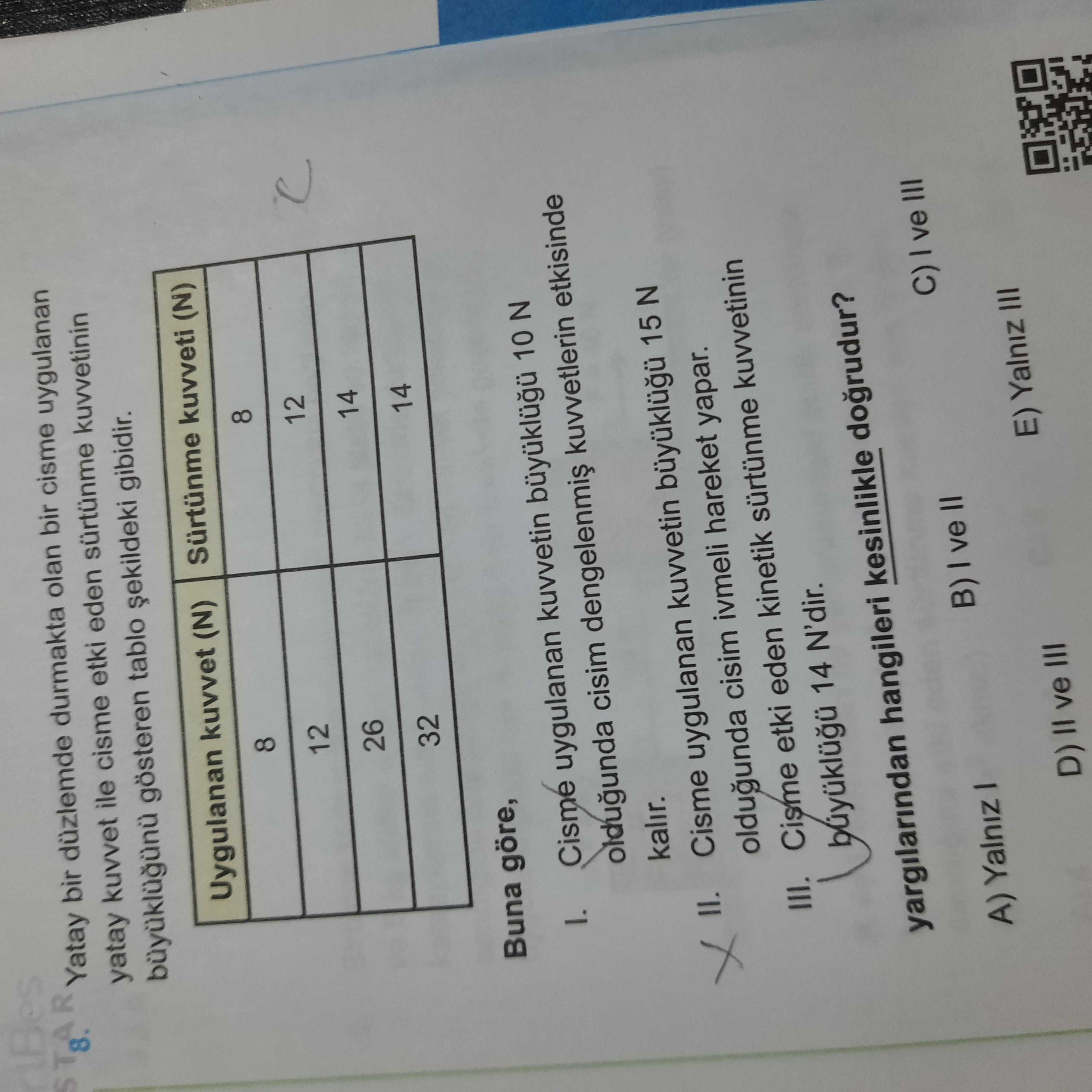 Yatay bir düzlemde durmakta olan bir cisme uygulanan yatay kuvvet ile cisme etki eden sürtünme