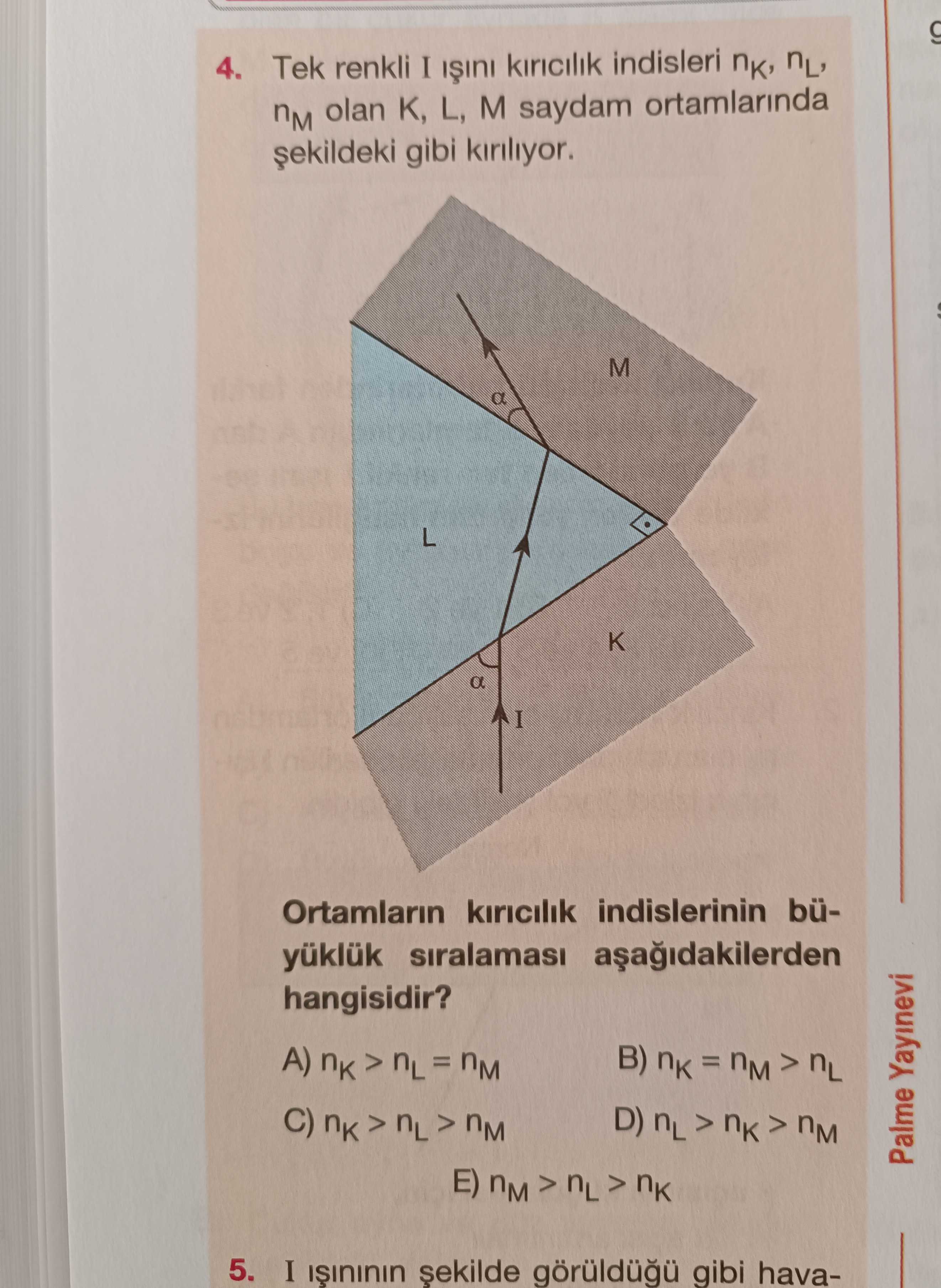 Tek renkli I ışını kırıcılık indisleri n_K, n_L, n_M olan K, L, M saydam ortamlarında şekildeki gibi