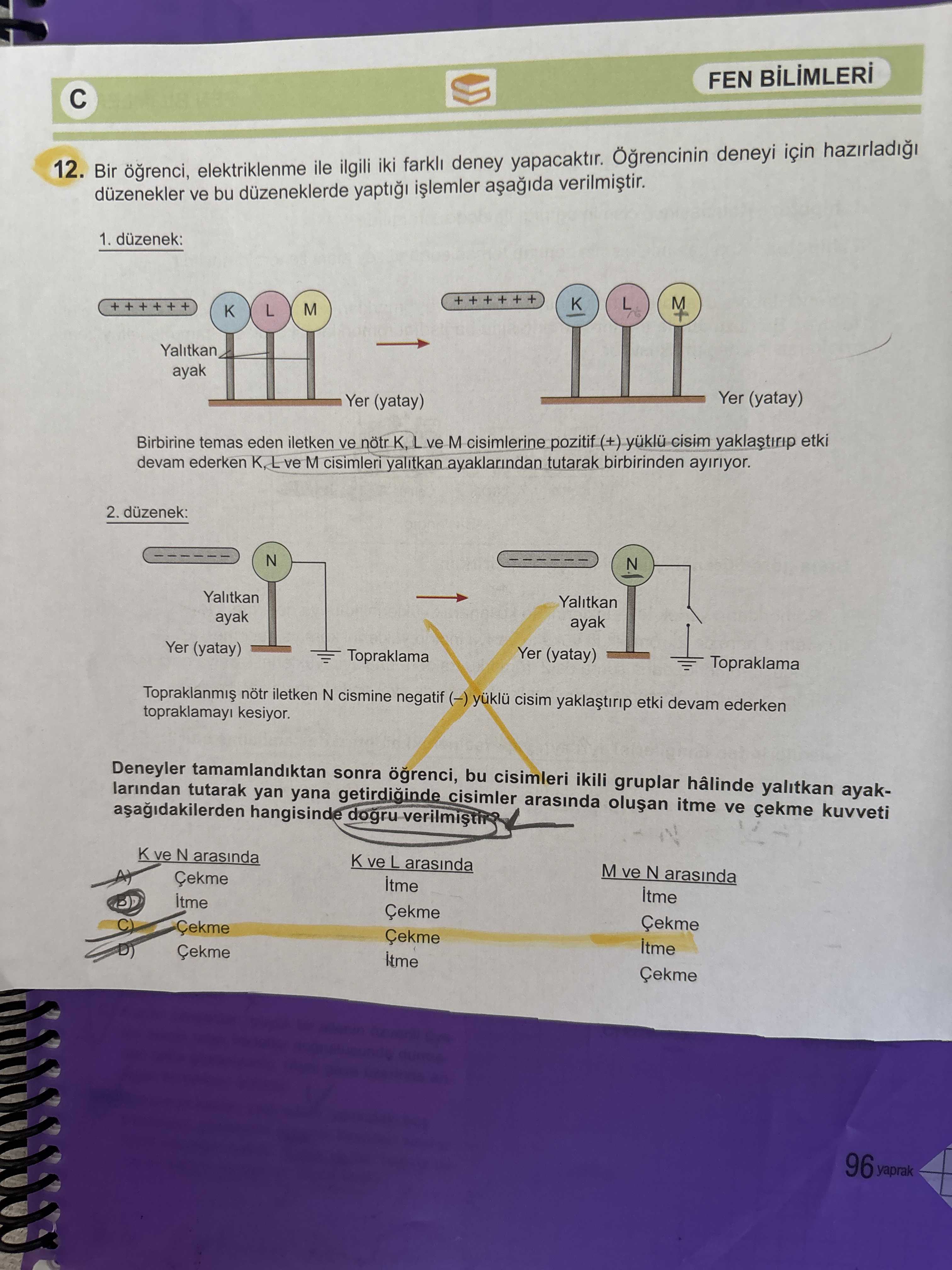 Bir öğrenci, elektriklenme ile ilgili iki farklı deney yapacaktır. Öğrencinin deneyi için