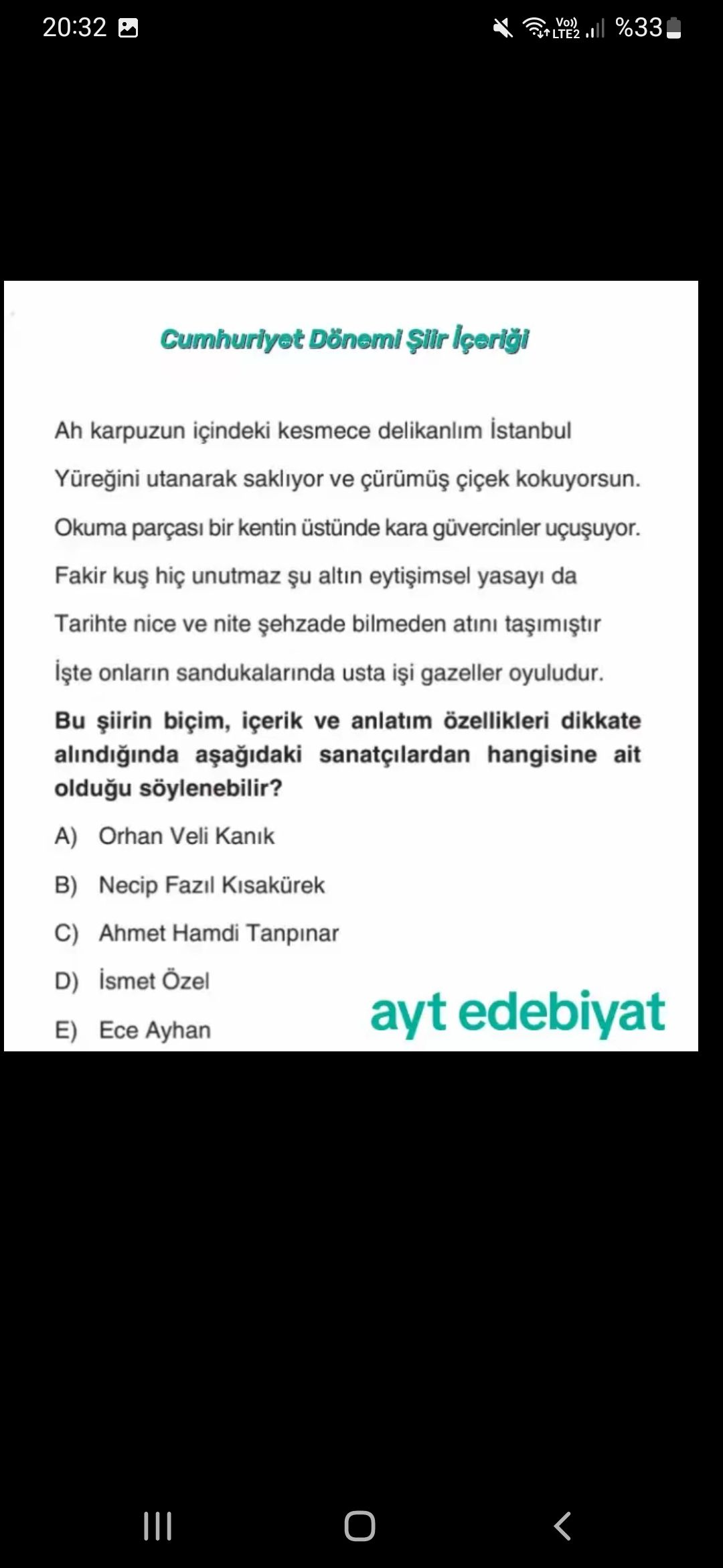 Cumhuriyet Dönemi Şiir İçeriği Ah karpuzun içindeki kesmece delikanlım İstanbul Yüreğini utanarak saklıyor ve çürümüş çiçek
