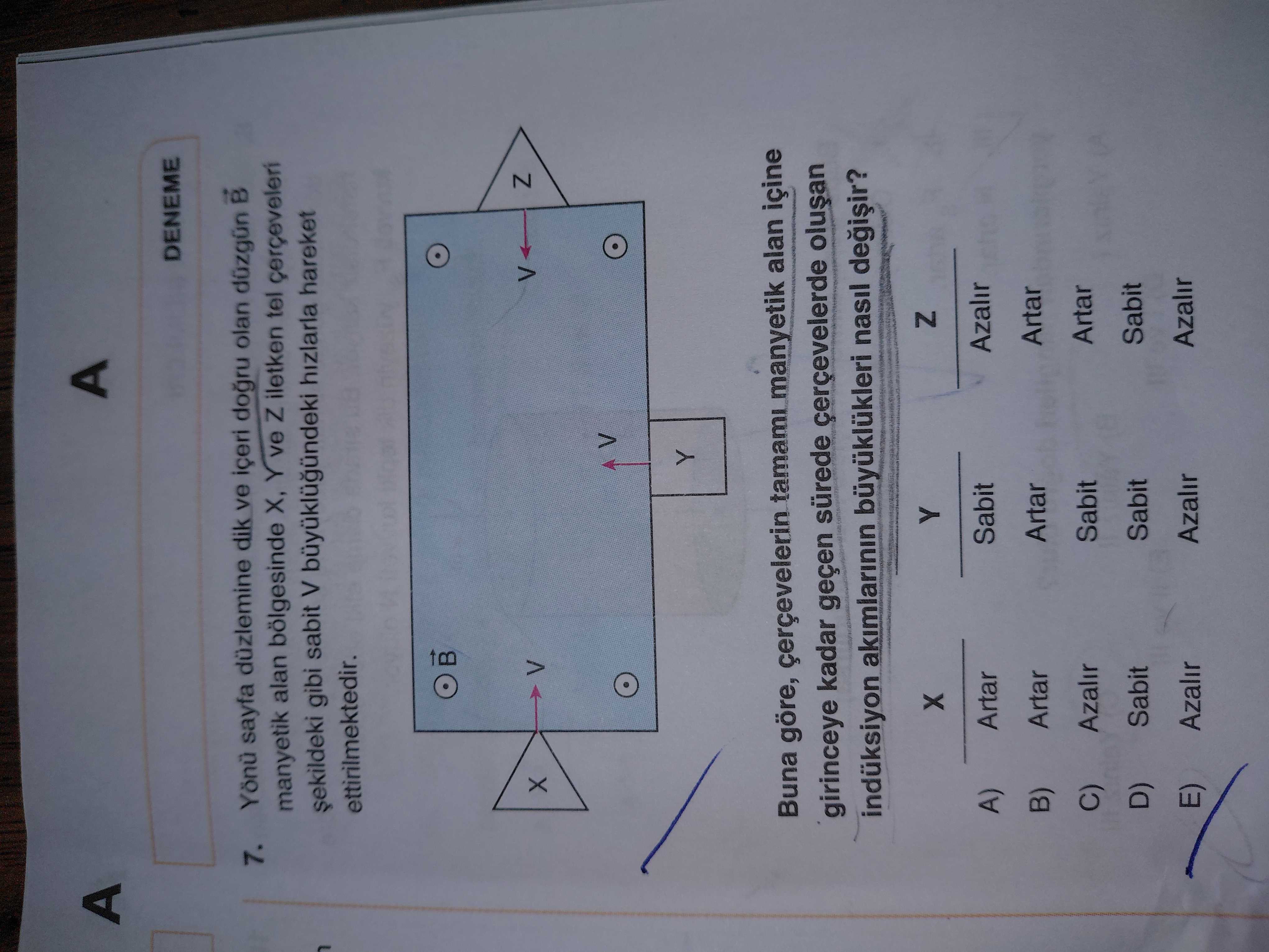 Yönü sayfa düzlemine dik ve içeri doğru olan düzgün B manyetik alan bölgesinde X, Y ve Z iletken tel