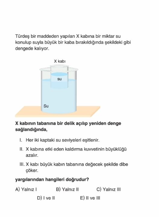 Türdeş bir maddeden yapılan X kabına bir miktar su konulup suyla büyük bir kaba bırakıldığında
