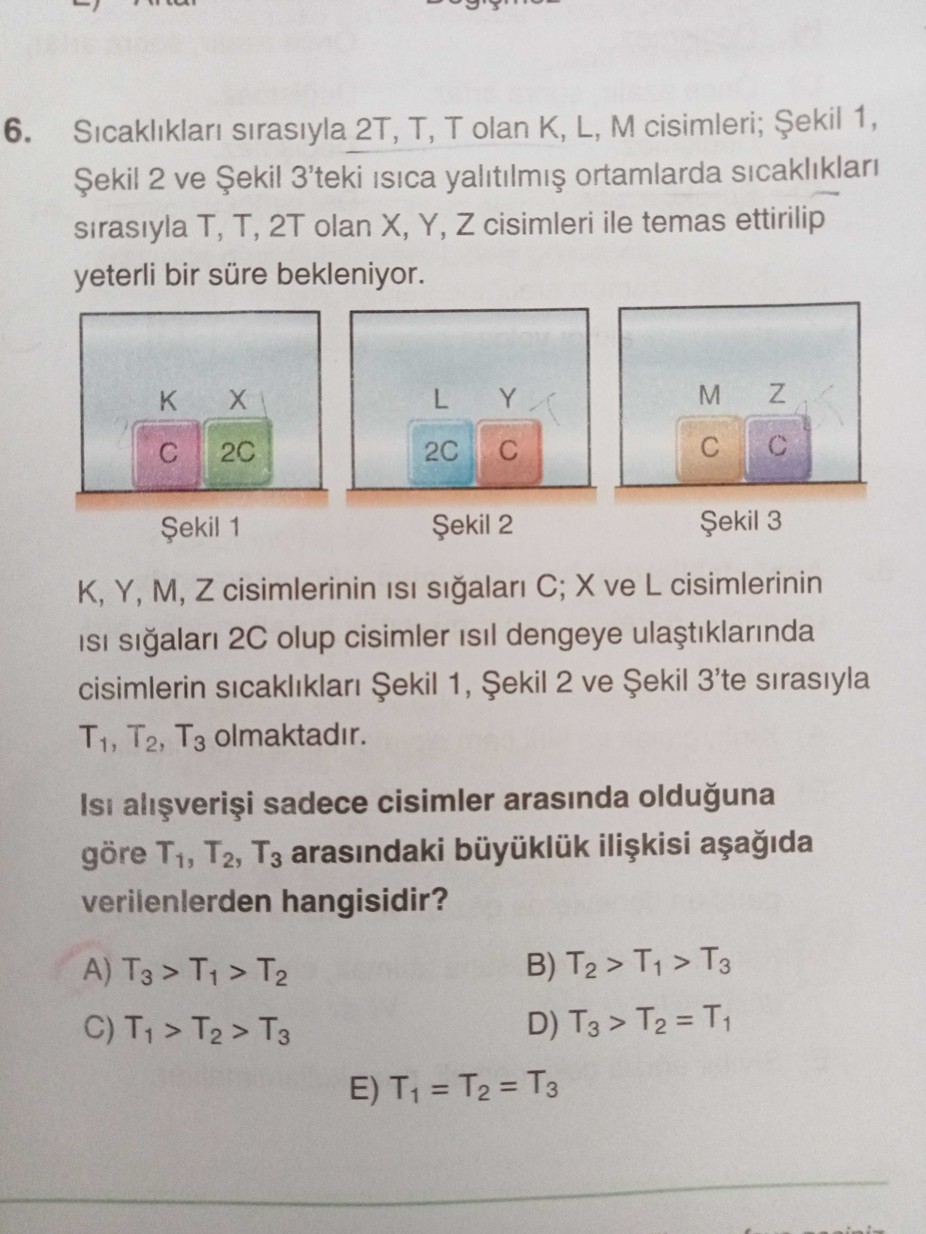 Sıcaklıkları sırasıyla 2T, T, T olan K, L, M cisimleri; Şekil 1, Şekil 2 ve Şekil 3'teki ısıca