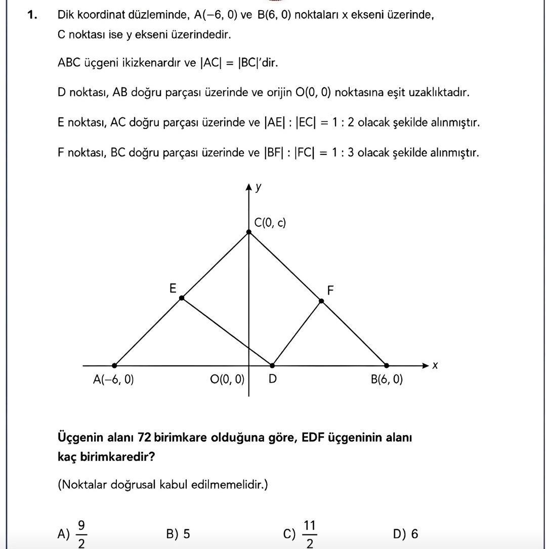 Dik koordinat düzleminde, A(−6, 0) ve B(6, 0) noktaları x ekseni üzerinde, C noktası ise y ekseni