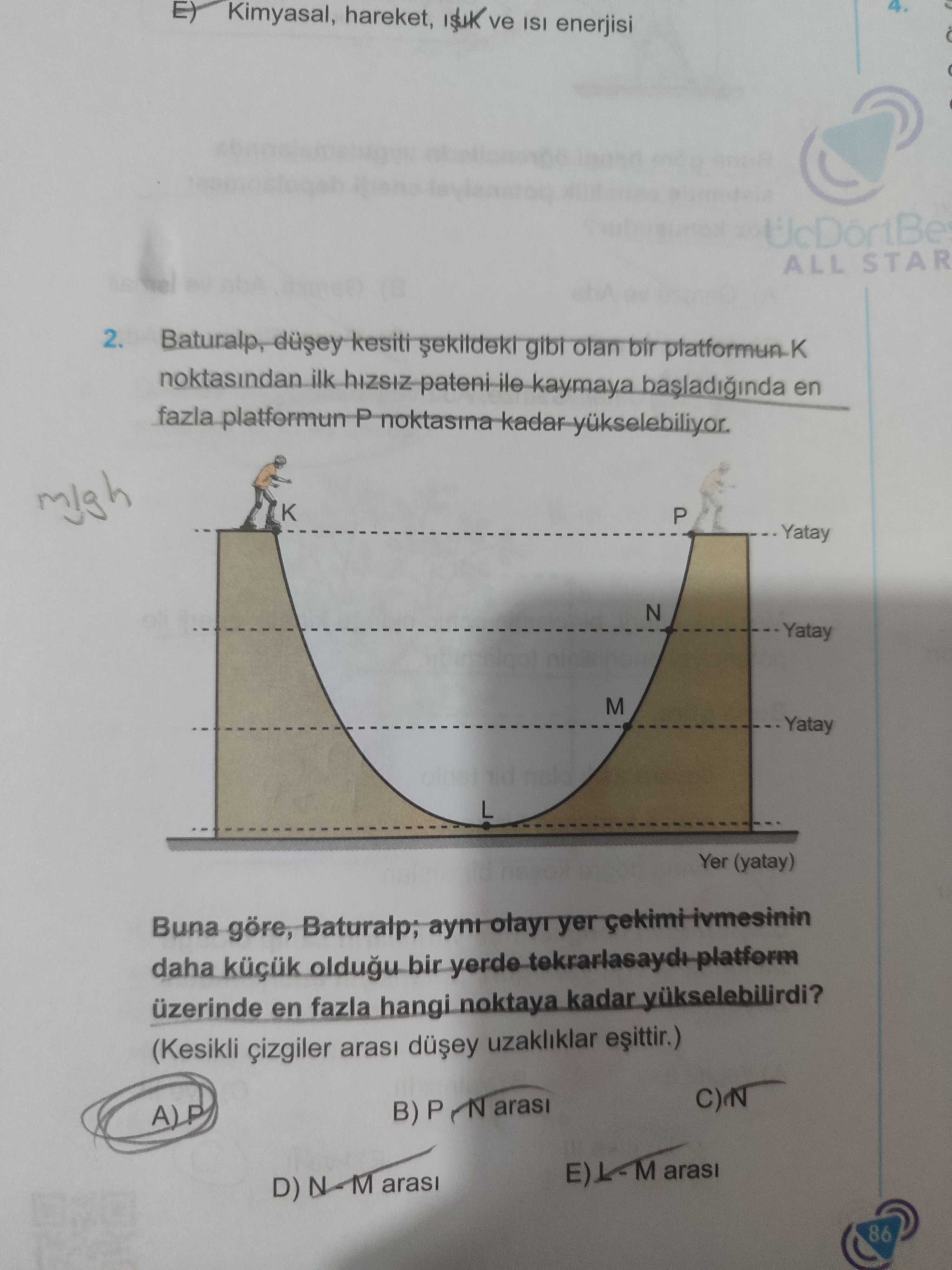 Baturalp, düşey kesiti şekildeki gibi olan bir platformun K noktasından ilk hızsız pateni ile