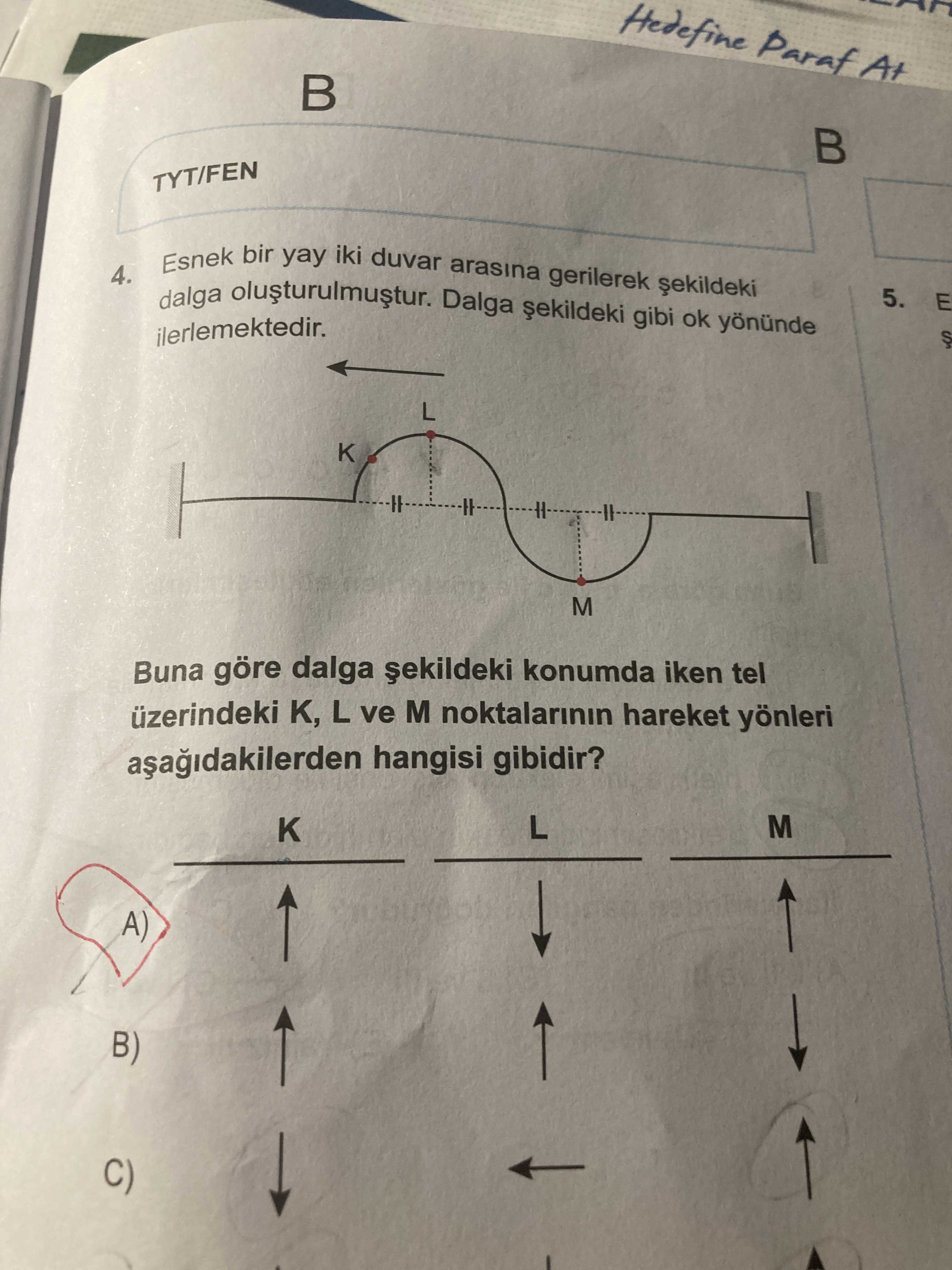 Esnek bir yay iki duvar arasına gerilerek şekildeki dalga oluşturulmuştur. Dalga şekildeki gibi ok