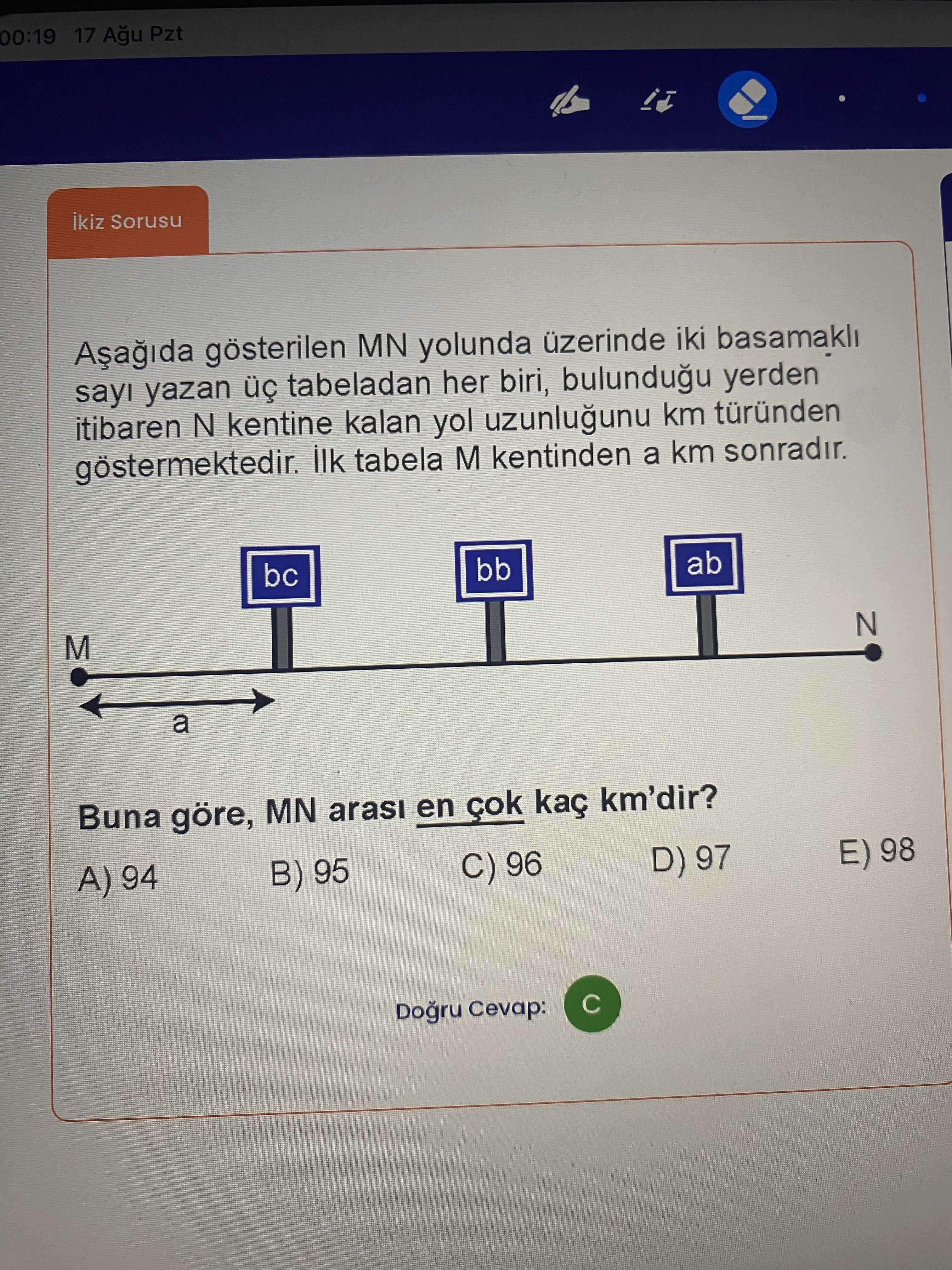 Aşağıda gösterilen MN yolunda üzerinde iki basamaklı sayı yazan üç tabeladan her biri, bulunduğu