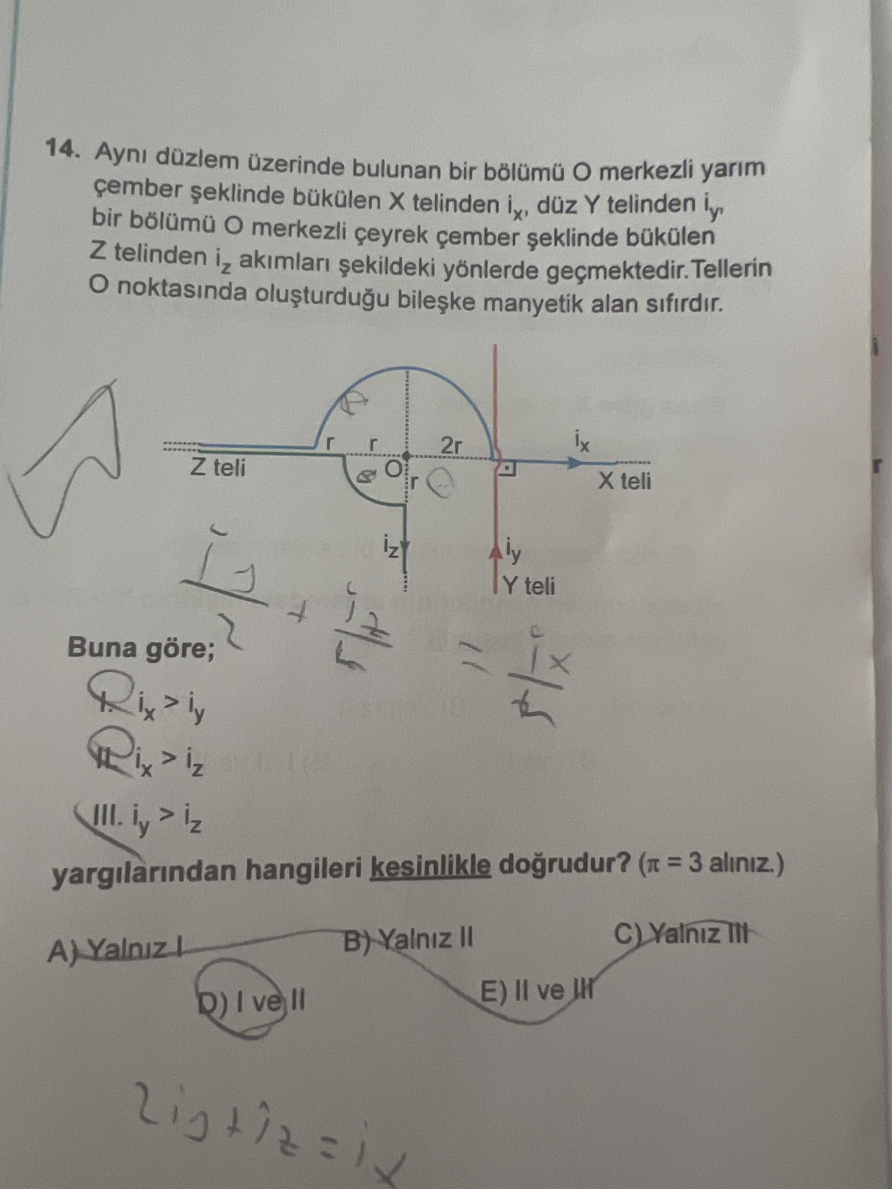 Aynı düzlem üzerinde bulunan bir bölümü O merkezli yarım çember şeklinde bükülen X telinden iₓ, düz
