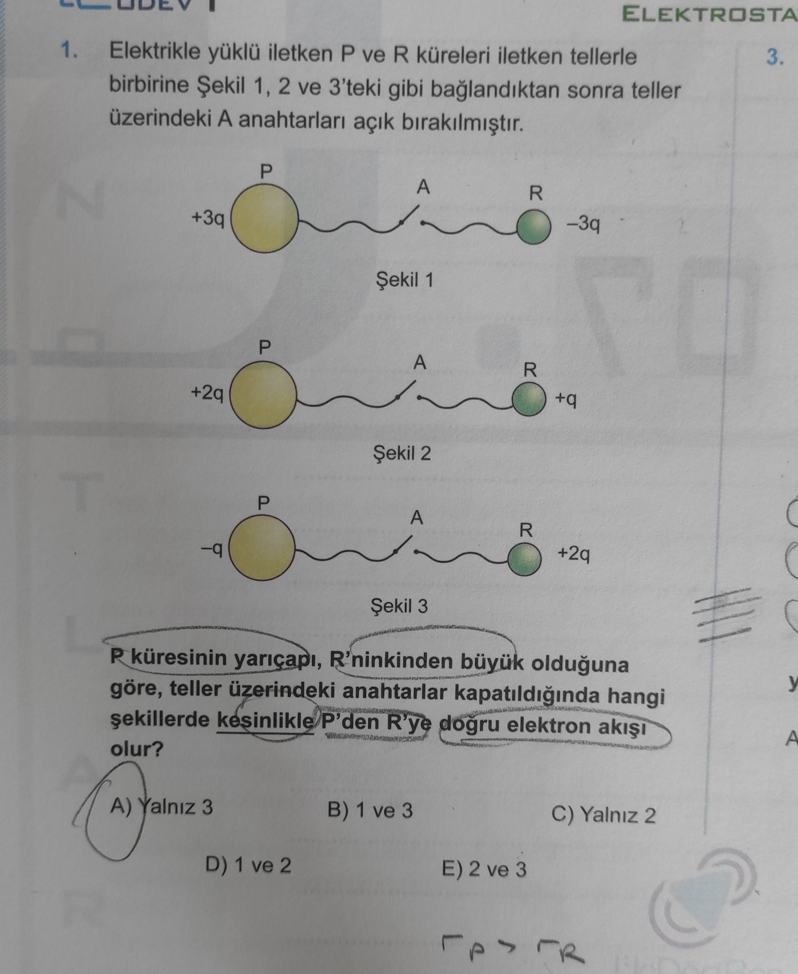Elektrikle yüklü iletken P ve R küreleri iletken tellerle birbirine Şekil 1, 2 ve 3'teki gibi