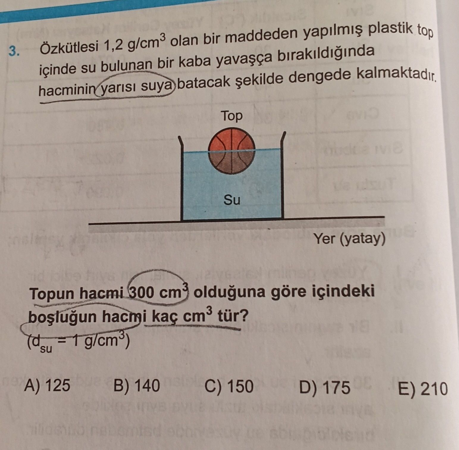 Özkütlesi 1,2 g/cm³ olan bir maddeden yapılmış plastik top içinde su bulunan bir kaba yavaşça