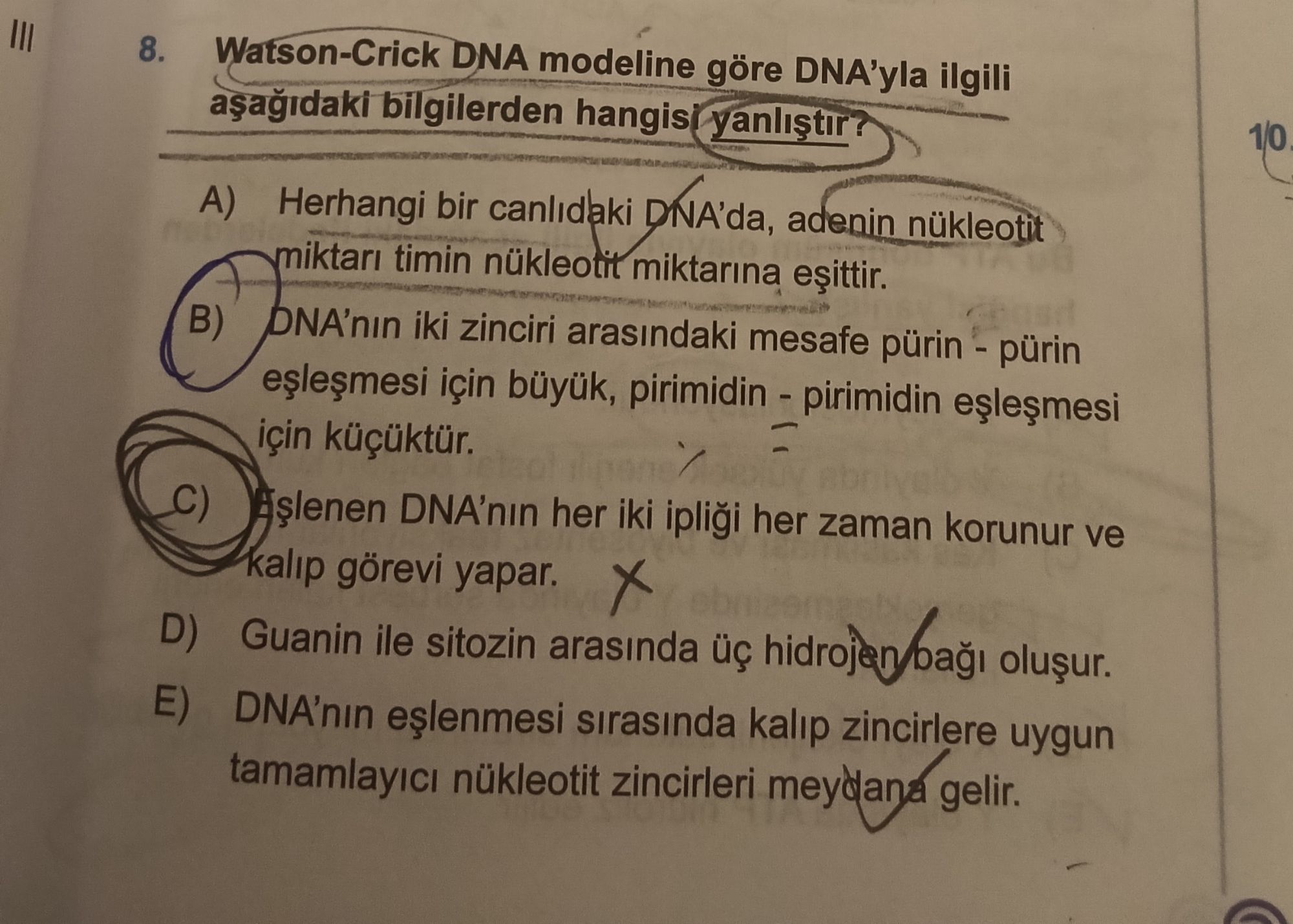 Watson-Crick DNA modeline göre DNA'yla ilgili aşağıdaki bilgilerden hangisi yanlıştır?