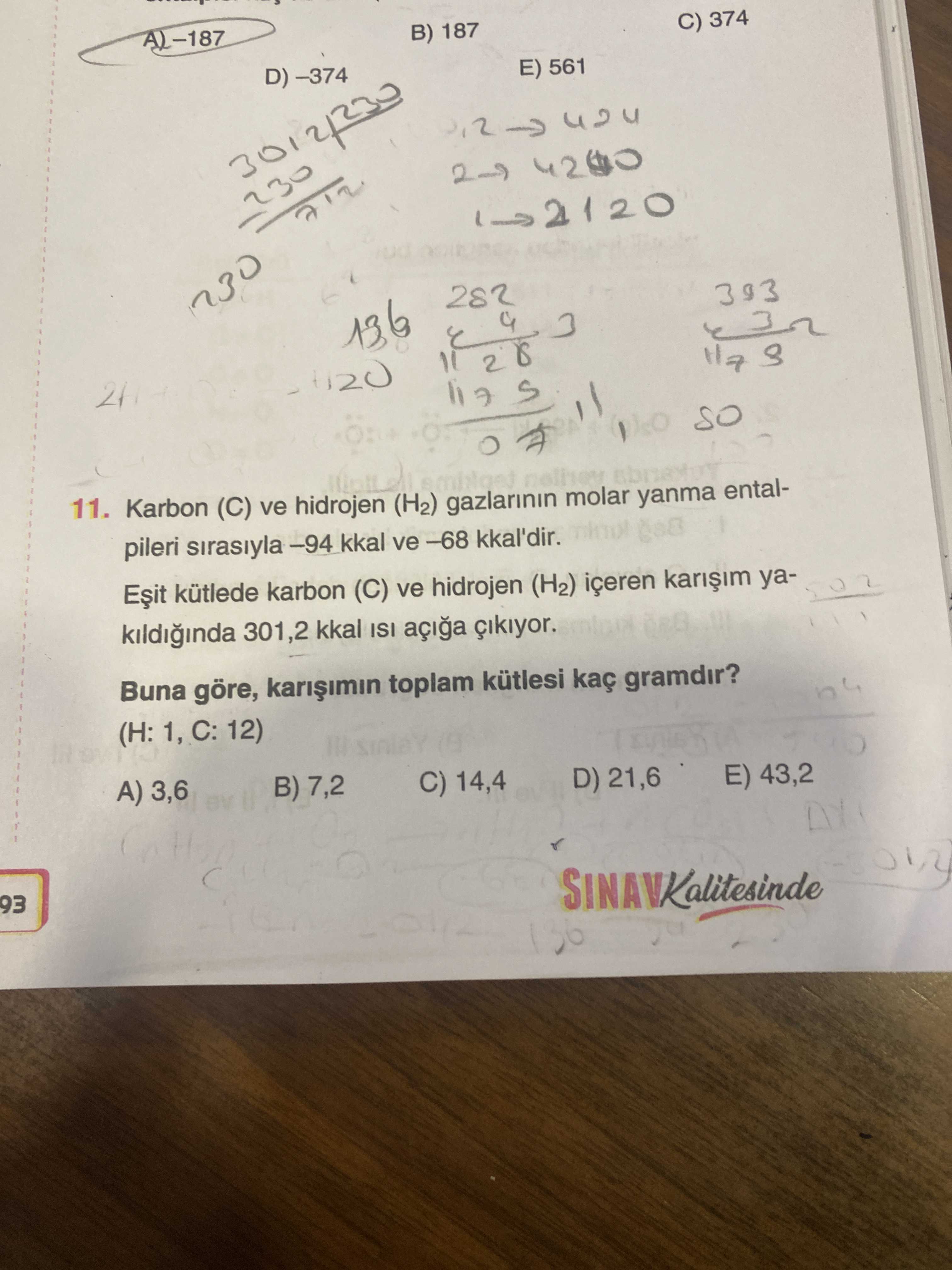 Karbon (C) ve hidrojen (H₂) gazlarının molar yanma entalpileri sırasıyla –94 kkal ve –68 kkal'dir