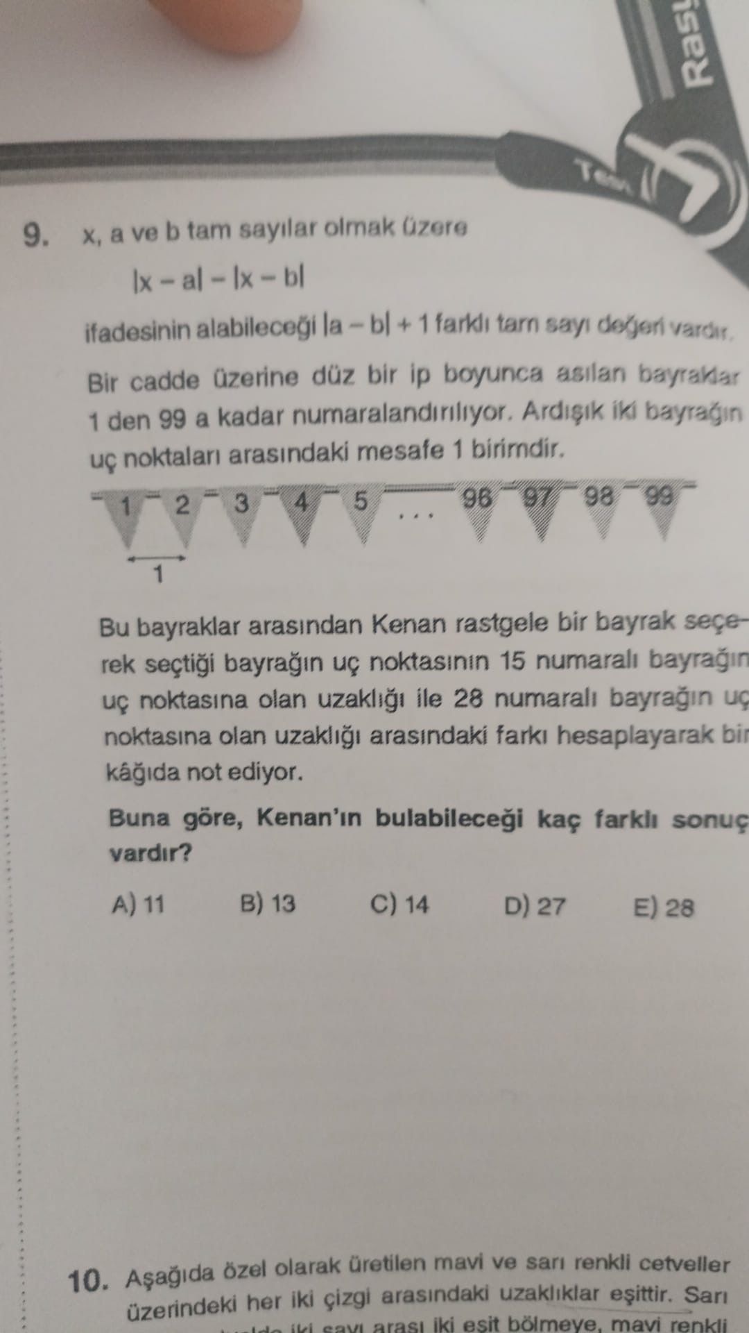 x, a ve b tam sayılar olmak üzere |x − a| − |x − b| ifadesinin alabileceği |a − b| + 1 farklı tam