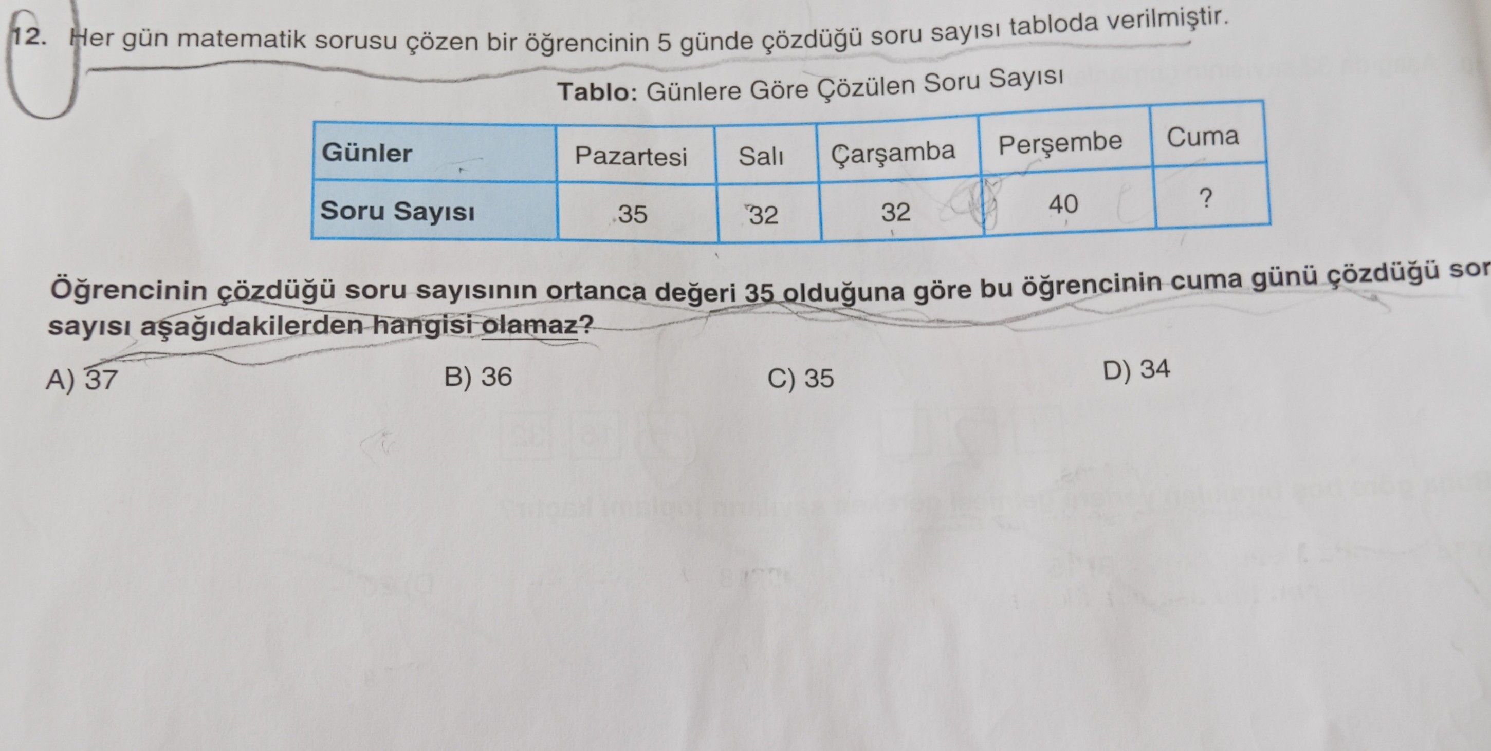 Her gün matematik sorusu çözen bir öğrencinin 5 günde çözdüğü soru sayısı tabloda verilmiştir