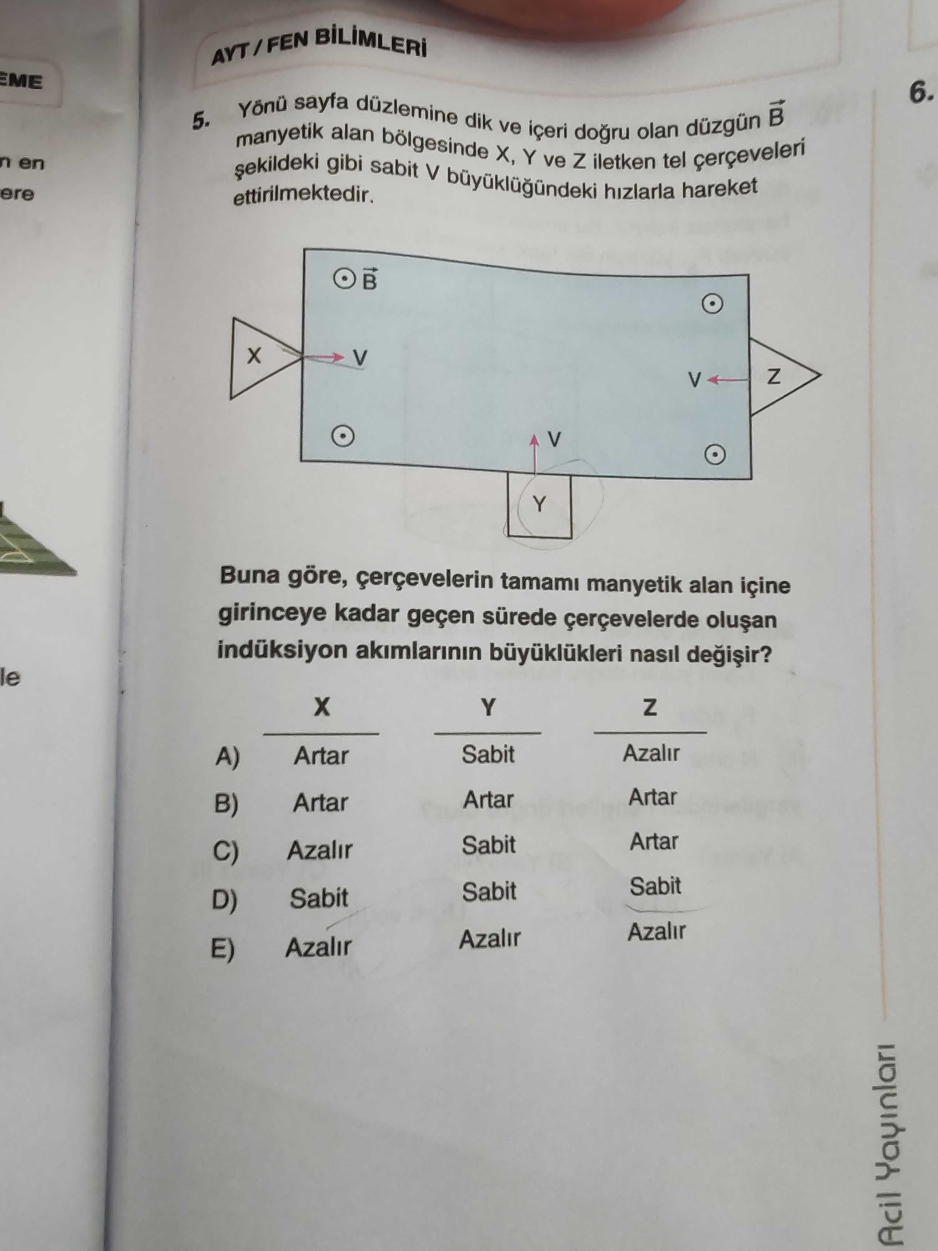 Yönü sayfa düzlemine dik ve içeri doğru olan düzgün B⃗ manyetik alan bölgesinde X, Y ve Z iletken