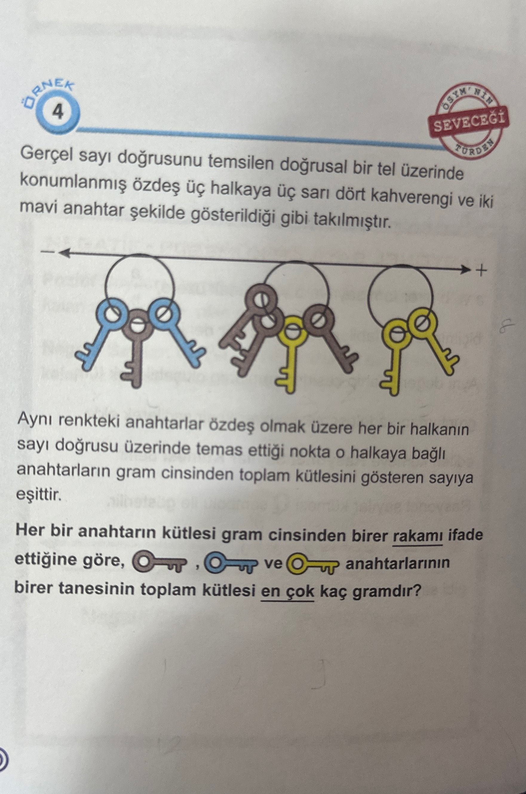 Gerçel sayı doğrusunu temsilen doğrusal bir tel üzerinde konumlanmış özdeş üç halkaya üç sarı dört
