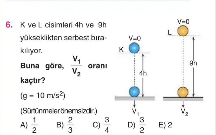 K ve L cisimleri 4h ve 9h yükseklikten serbest bırakılıyor. Buna göre, V₁/V₂ oranı kaçtır? (g = 10