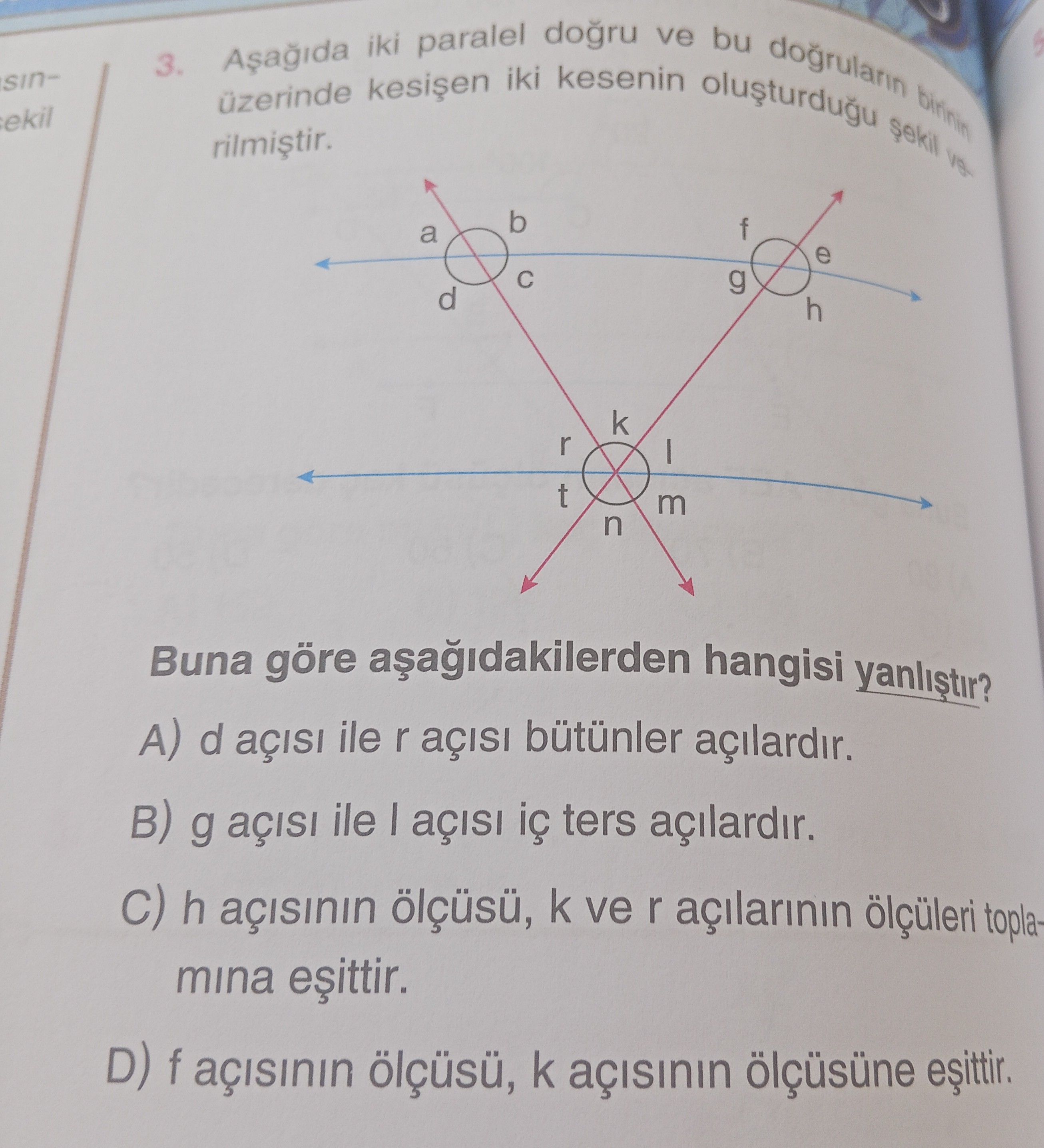Aşağıda iki paralel doğru ve bu doğruların birinin üzerinde kesişen iki kesenin oluşturduğu şekil