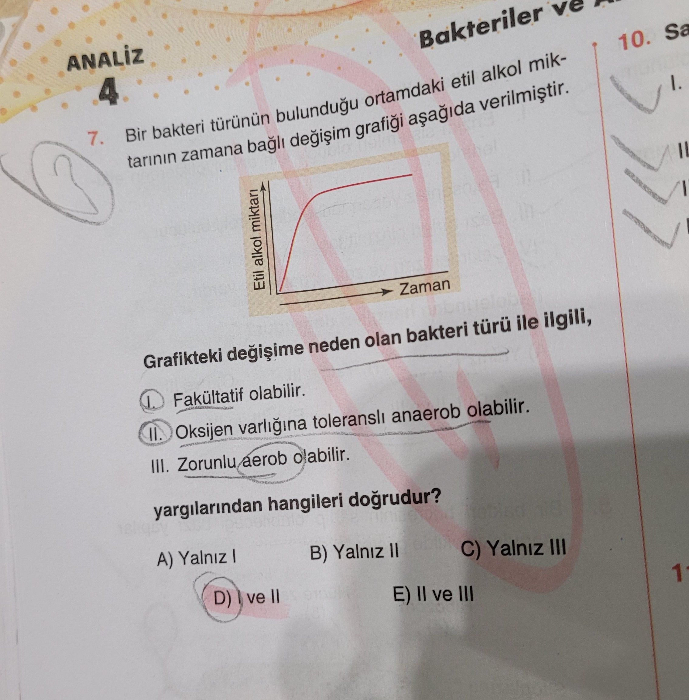 Bir bakteri türünün bulunduğu ortamdaki etil alkol miktarının zamana bağlı değişim grafiği aşağıda