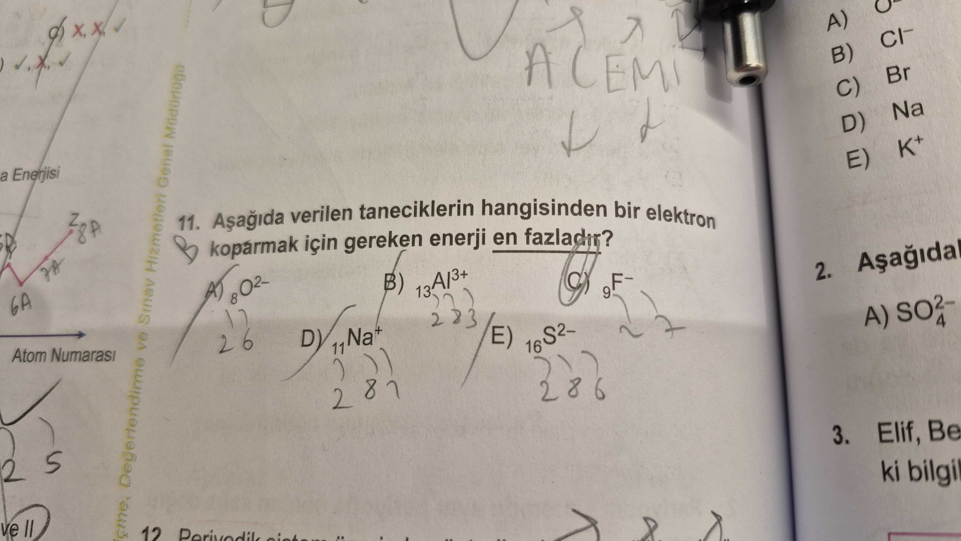 Aşağıda verilen taneciklerin hangisinden bir elektron koparmak için gereken enerji en fazladır?