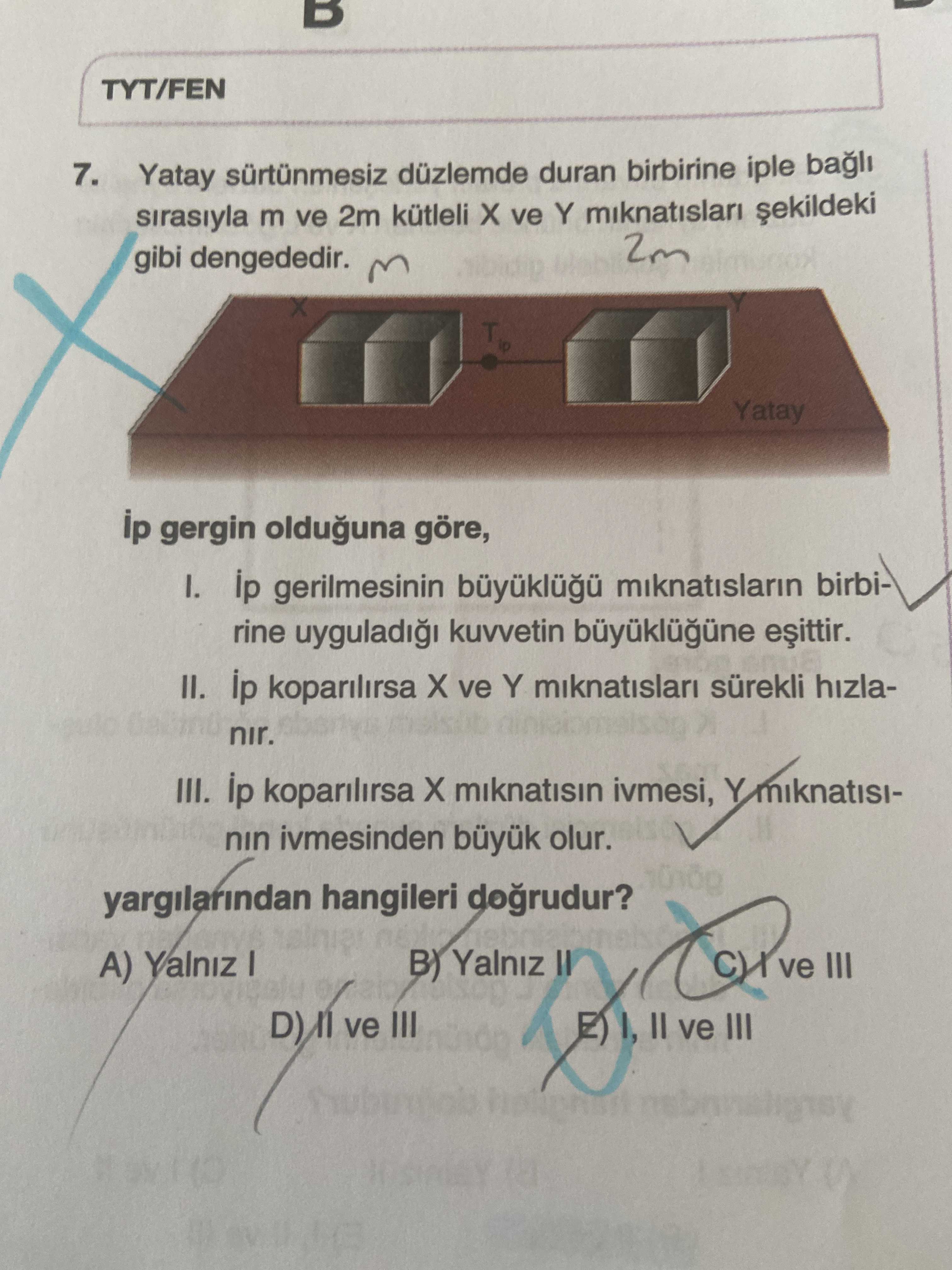 Yatay sürtünmesiz düzlemde duran birbirine iple bağlı sırasıyla m ve 2m kütleli X ve Y mıknatısları