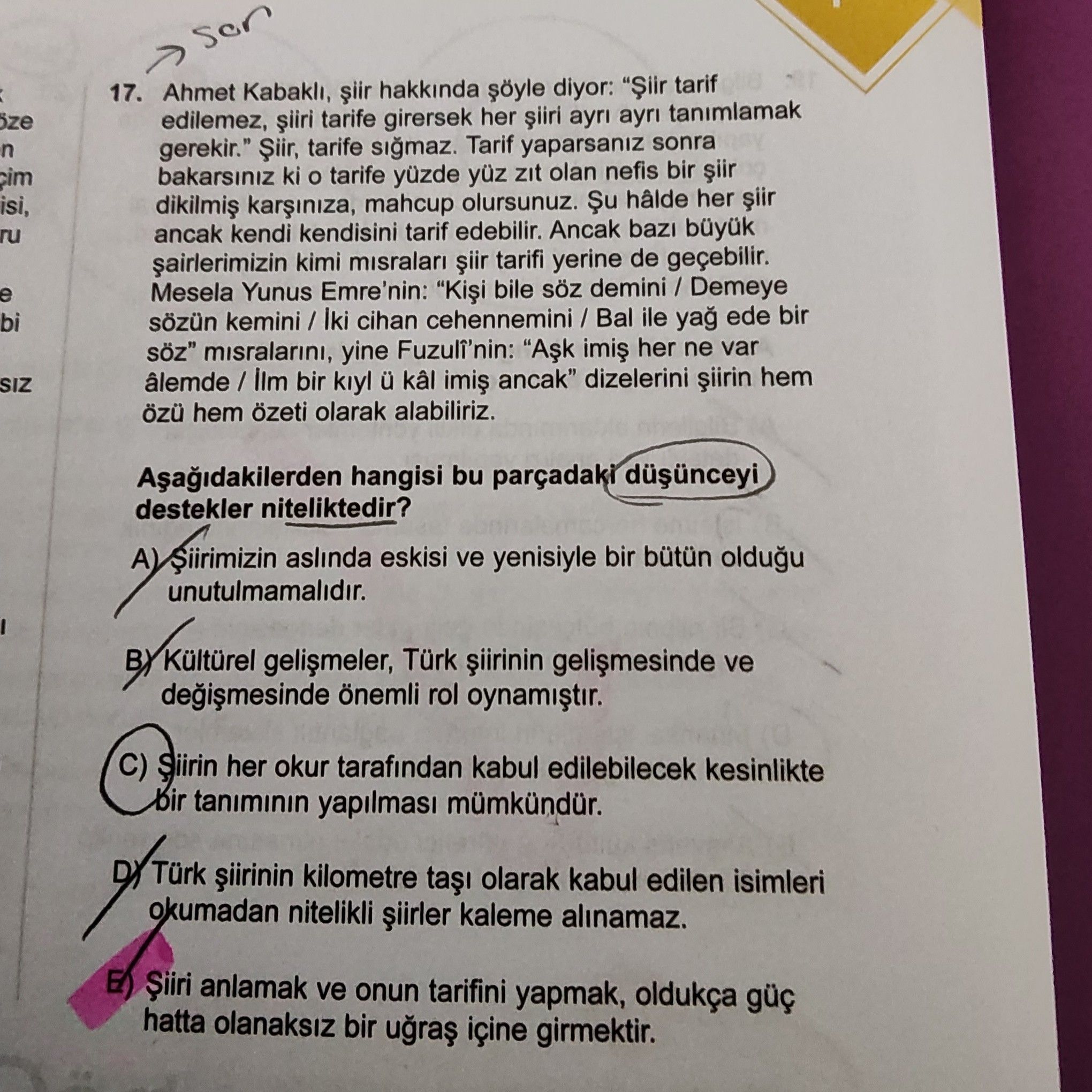 Ahmet Kabaklı, şiir hakkında şöyle diyor: "Şiir tarif edilemez, şiiri tarife girersek her şiiri ayrı