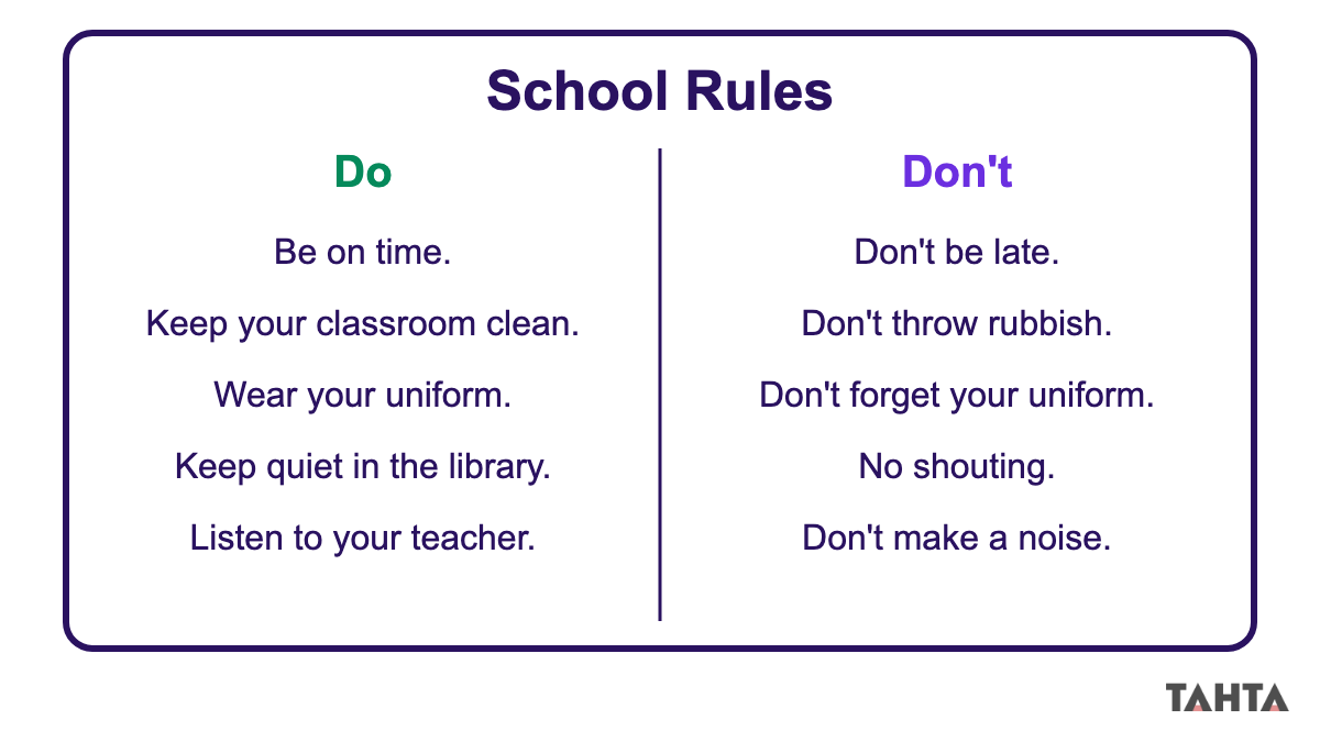 İngilizce okul kuralları do and don't panosu: Be on time, Don't be late, Keep quiet, No shouting