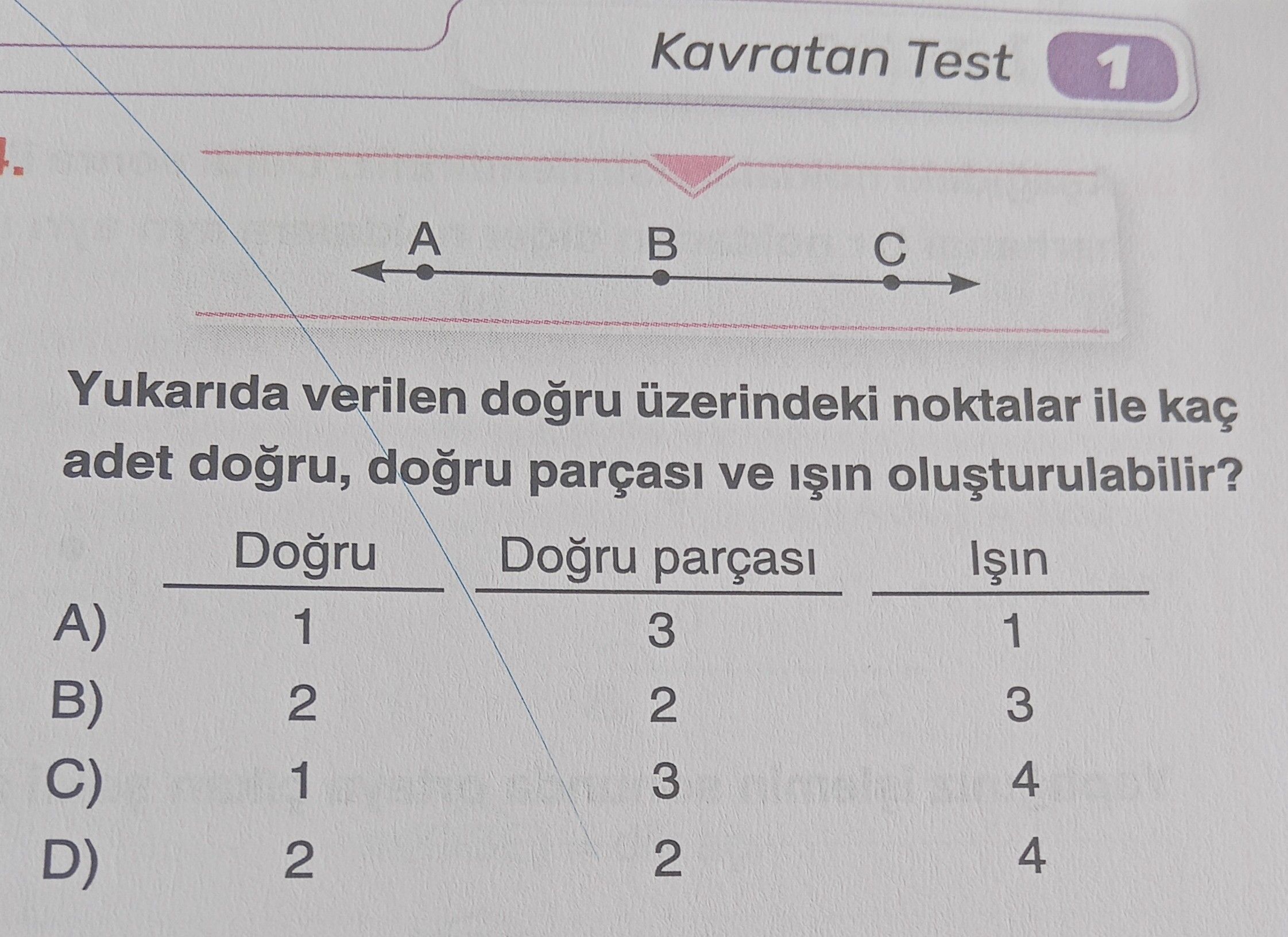 Yukarıda verilen doğru üzerindeki noktalar ile kaç adet doğru, doğru parçası ve ışın