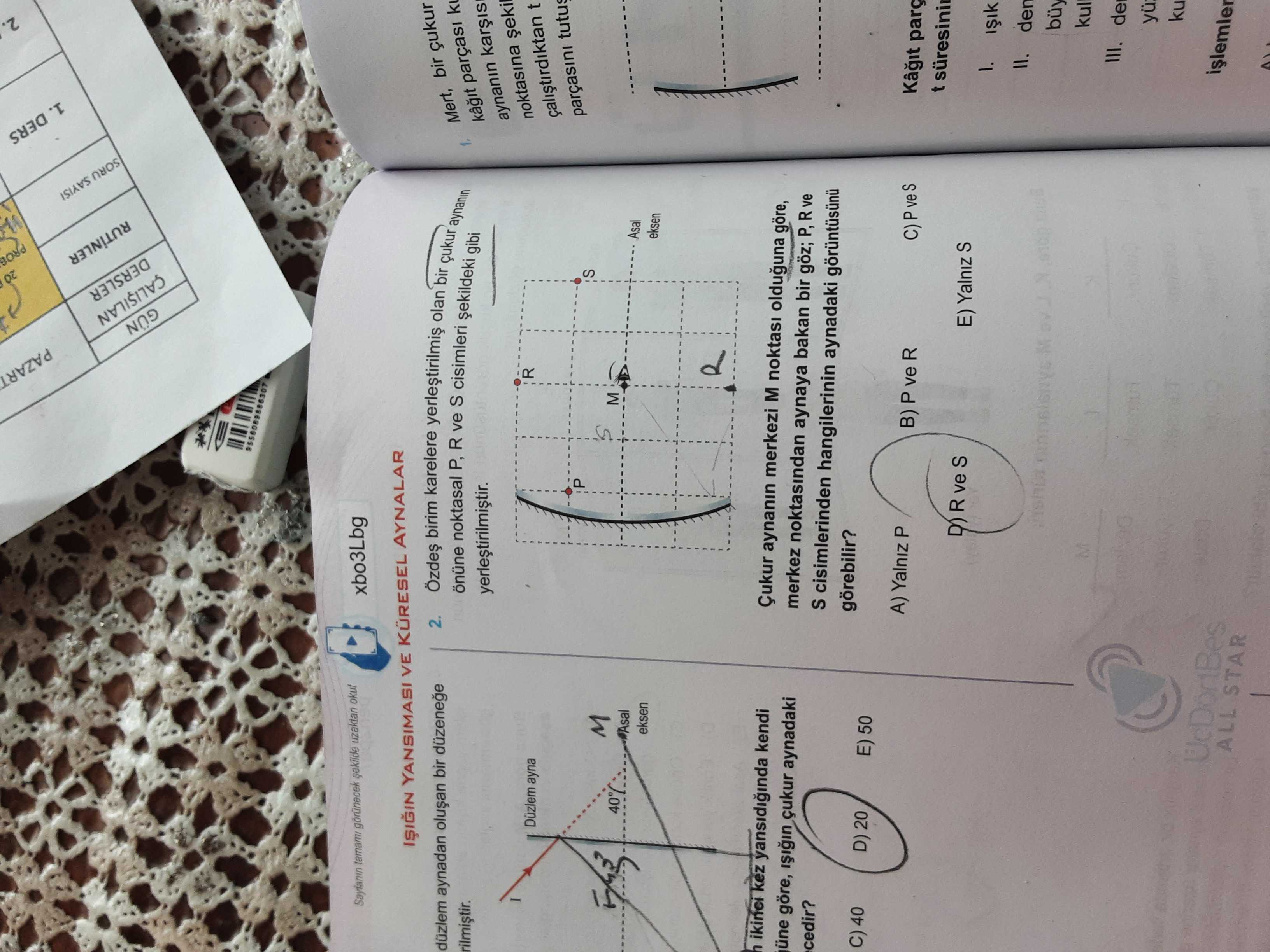 Özdeş birim karelere yerleştirilmiş olan bir çukur aynanın önüne noktasal P, R ve S cisimleri