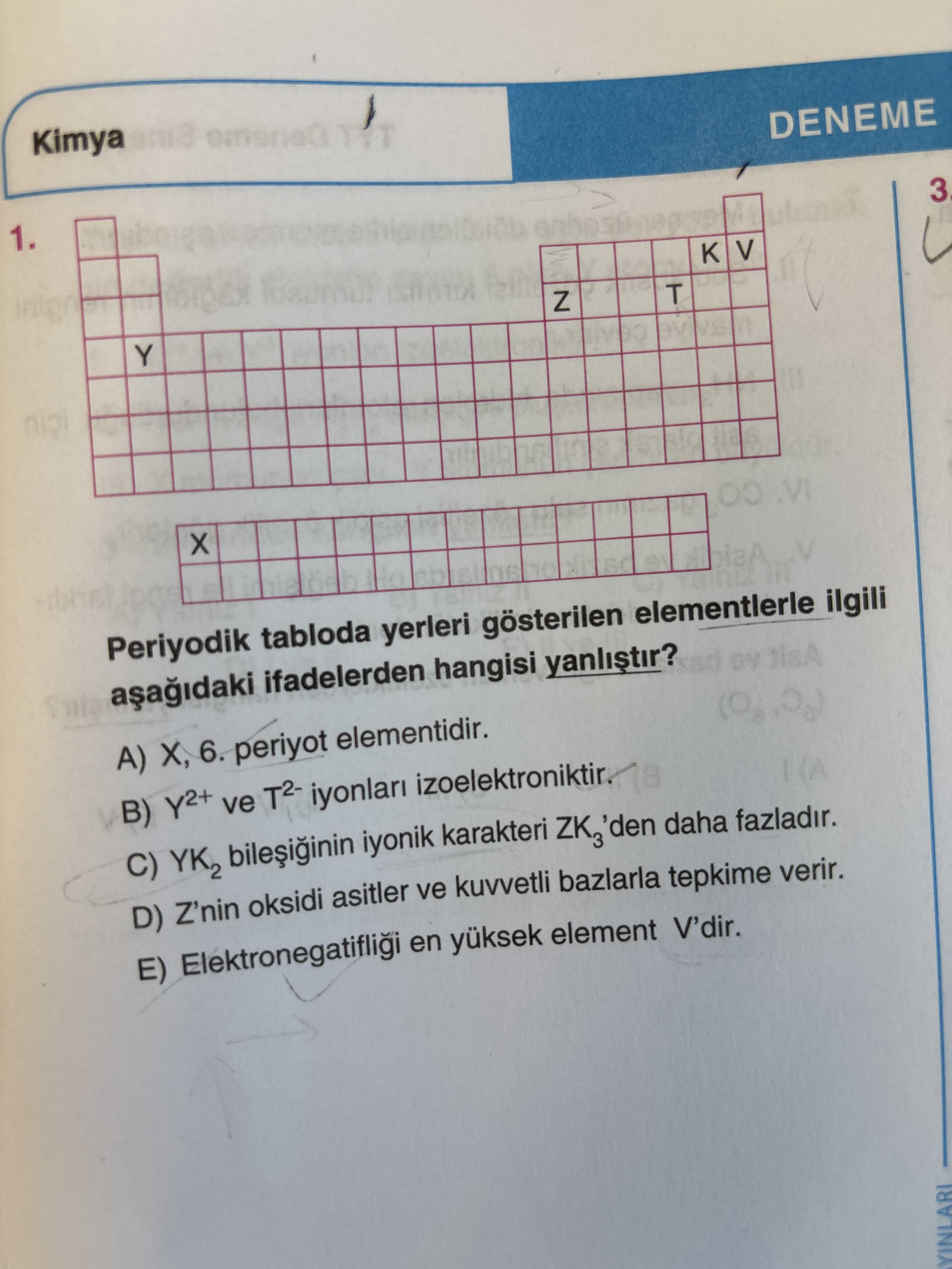 Periyodik tabloda yerleri gösterilen elementlerle ilgili aşağıdaki ifadelerden hangisi yanlıştır?