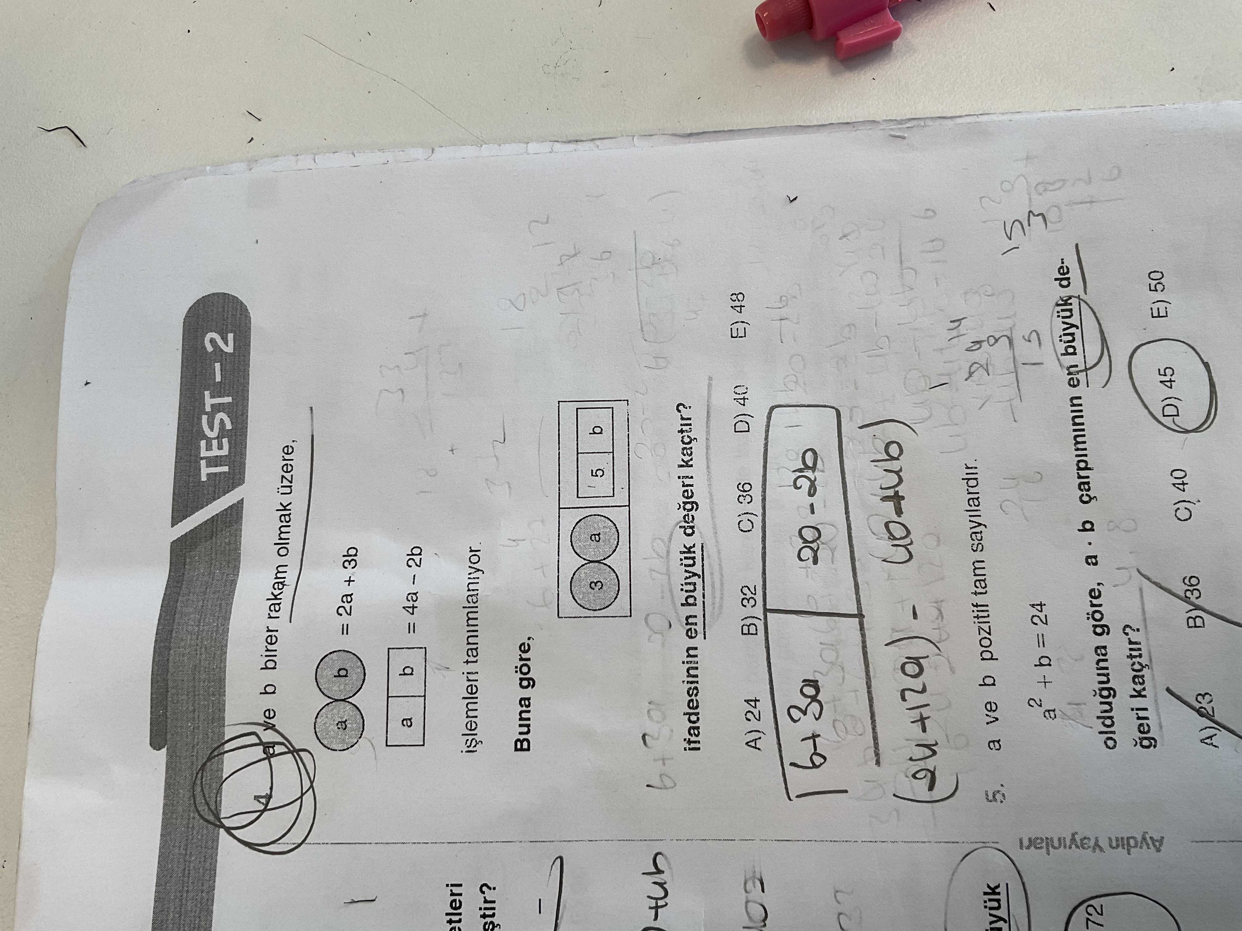 a ve b birer rakam olmak üzere, a b = 2a + 3b a b = 4a – 2b işlemleri tanımlanıyor. Buna göre, 3 a