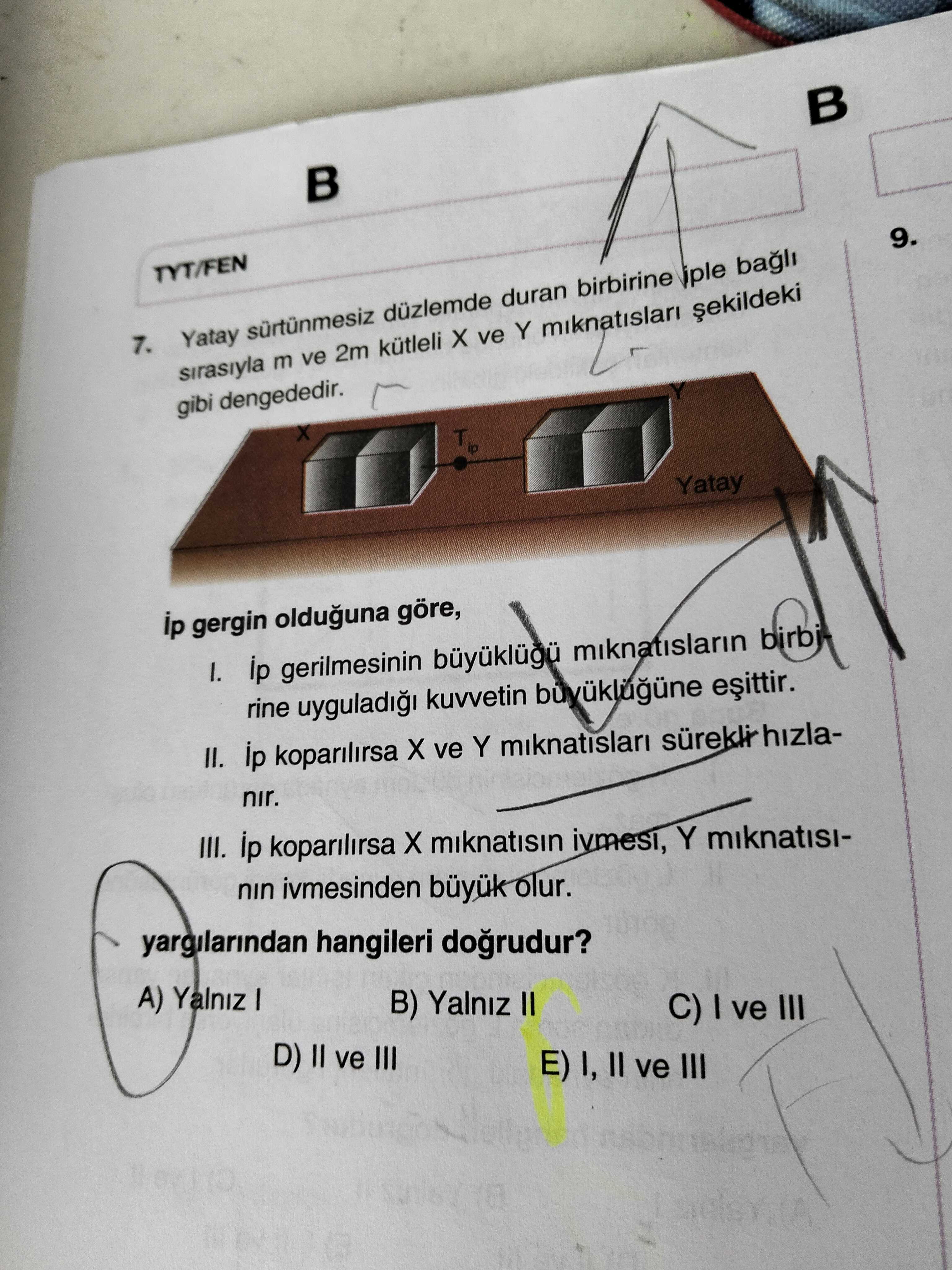 Yatay sürtünmesiz düzlemde duran birbirine iple bağlı sırasıyla m ve 2m kütleli X ve Y mıknatısları