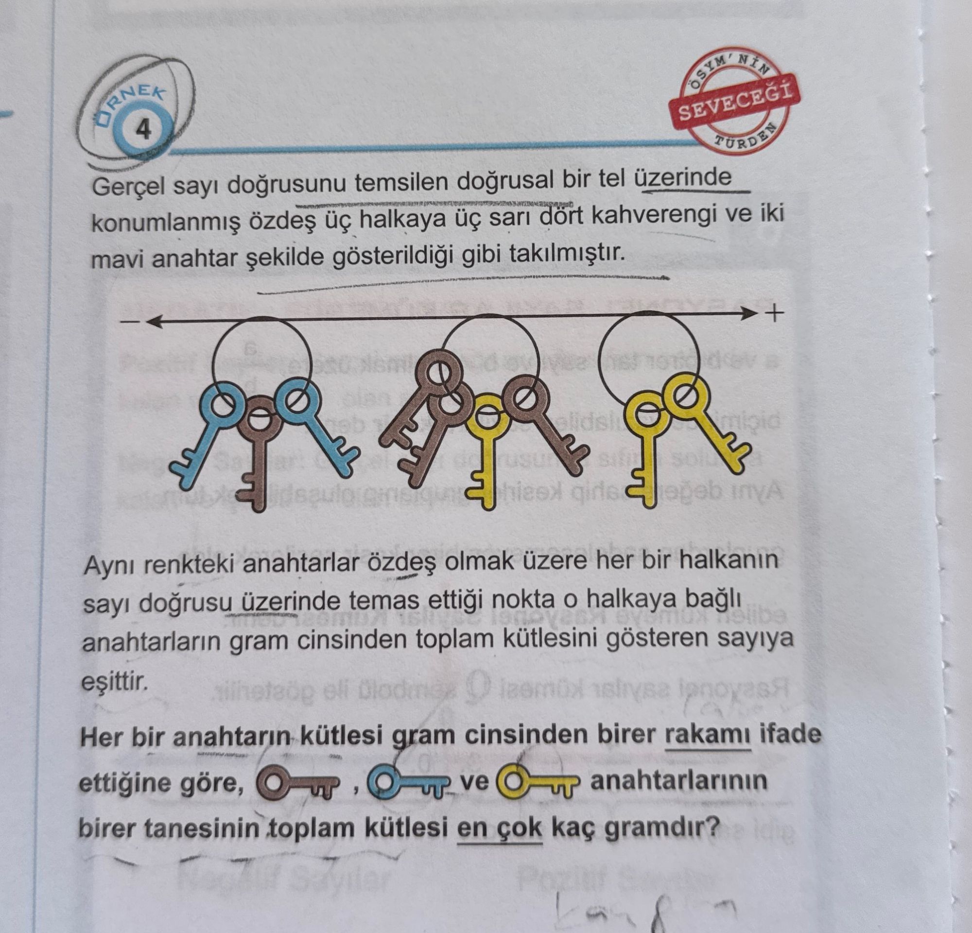 Gerçel sayı doğrusunu temsilen doğrusal bir tel üzerinde konumlanmış özdeş üç halkaya üç sarı dört