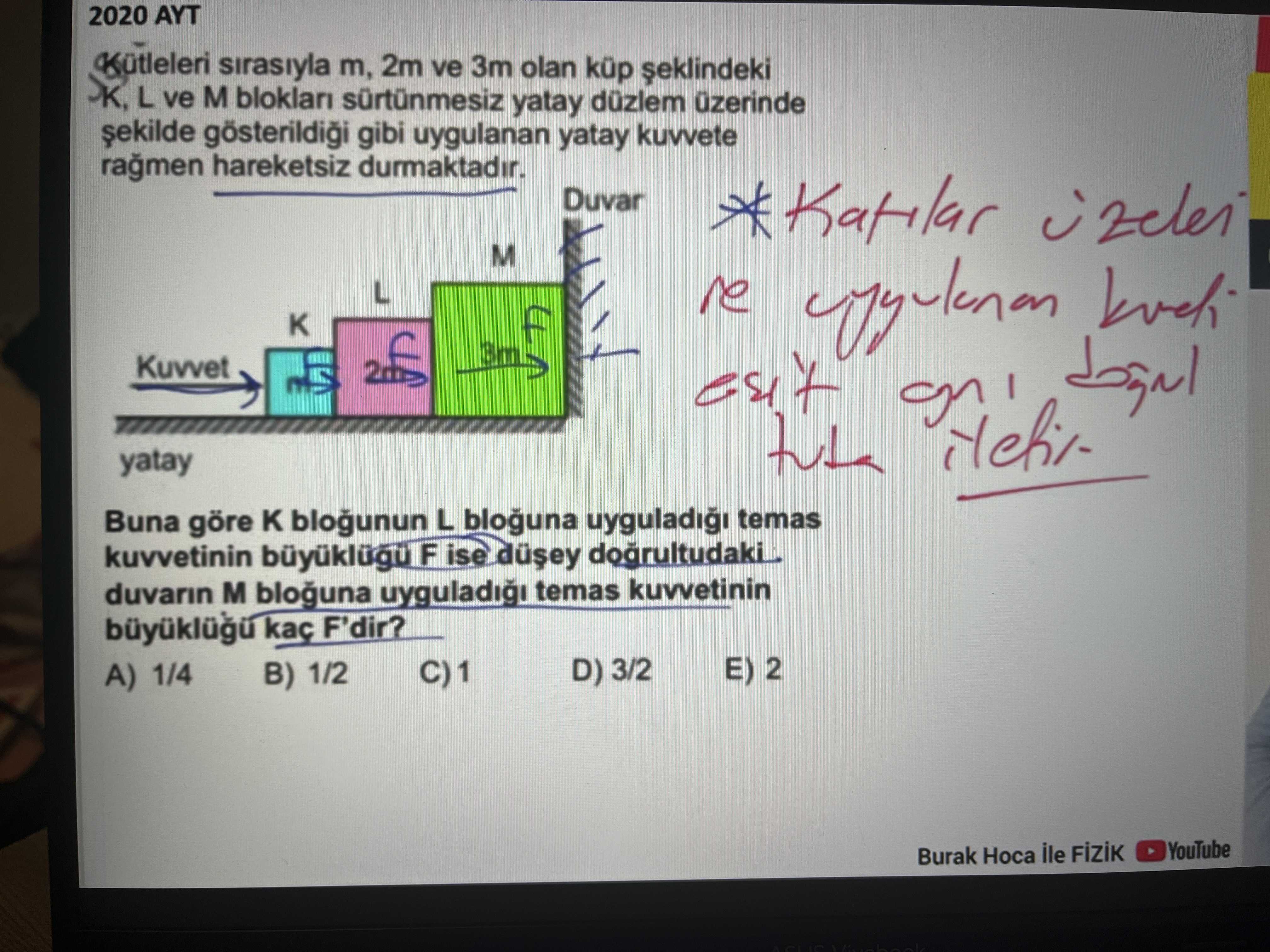 2020 AYT Kütleleri sırasıyla m, 2m ve 3m olan küp şeklindeki K, L ve M blokları sürtünmesiz yatay