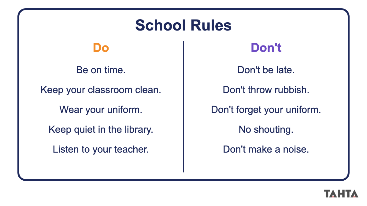İngilizce okul kuralları do and don't panosu: Be on time, Don't be late, Keep quiet, No shouting