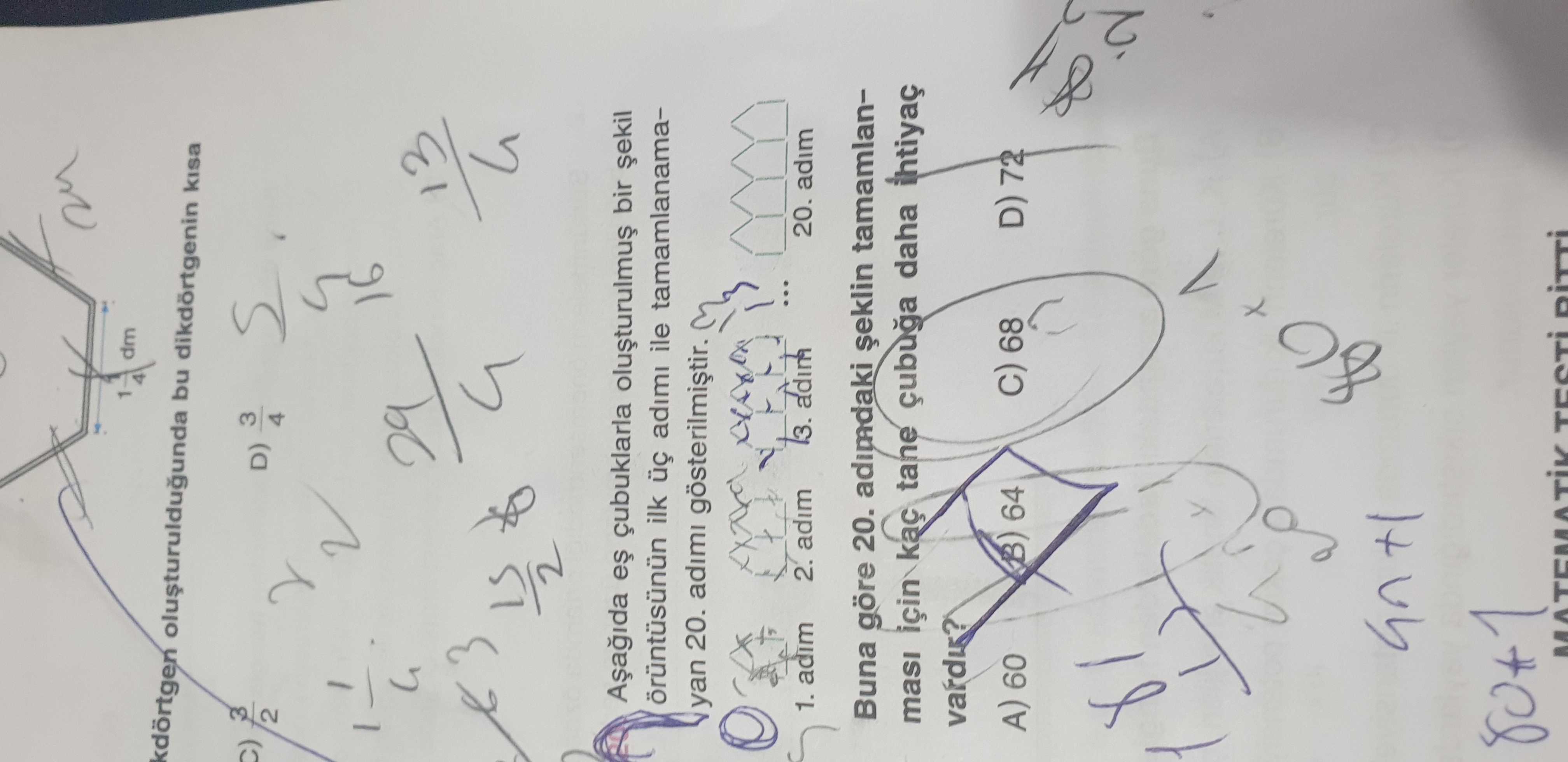 Aşağıda eş çubuklarla oluşturulmuş bir şekil örüntüsünün ilk üç adımı ile tamamlanamayan 20. adımı