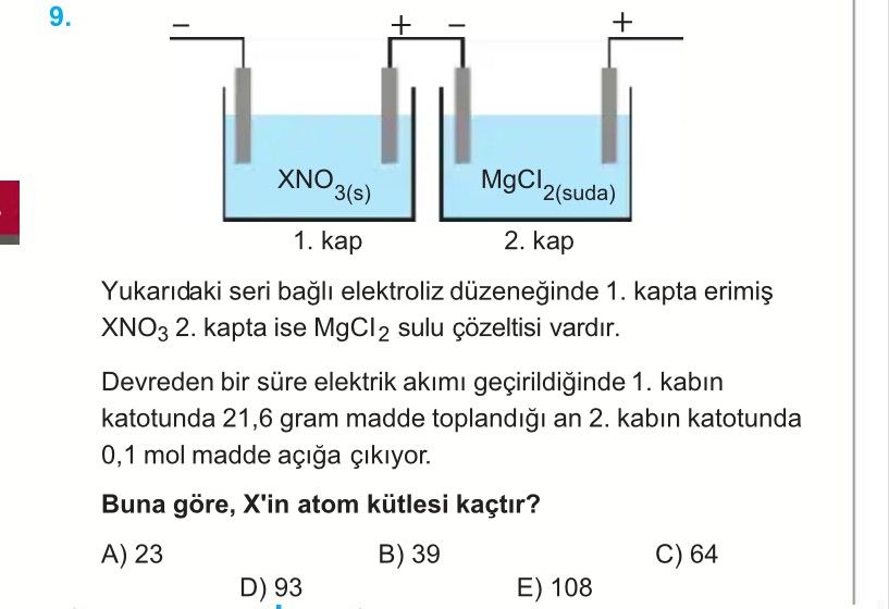 Yukarıdaki seri bağlı elektroliz düzeneğinde 1. kapta erimiş XNO₃ 2. kapta ise MgCl₂ sulu çözeltisi