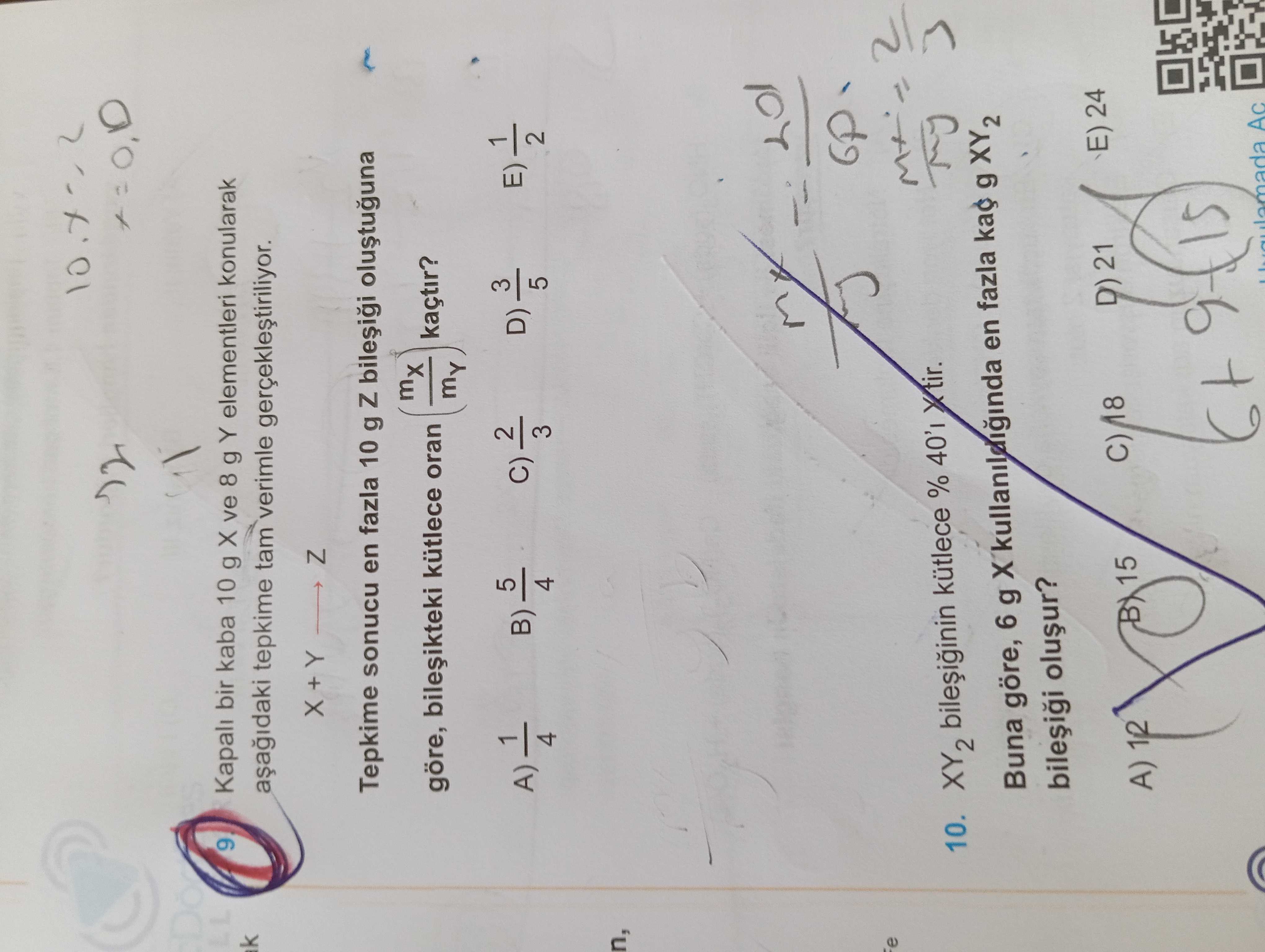 Kapalı bir kaba 10 g X ve 8 g Y elementleri konularak aşağıdaki tepkime tam verimle